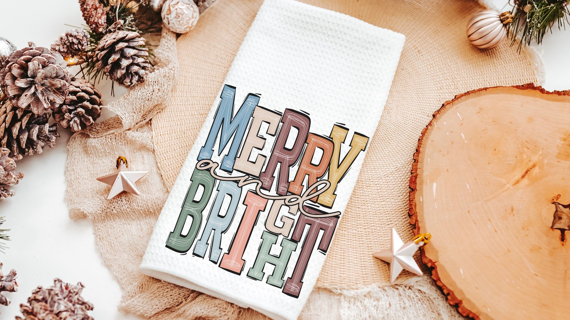 merry and bright kitchen towels for Christmas, boho Christmas hand towel for guest bathroom, trending Christmas gifts for new homeowners