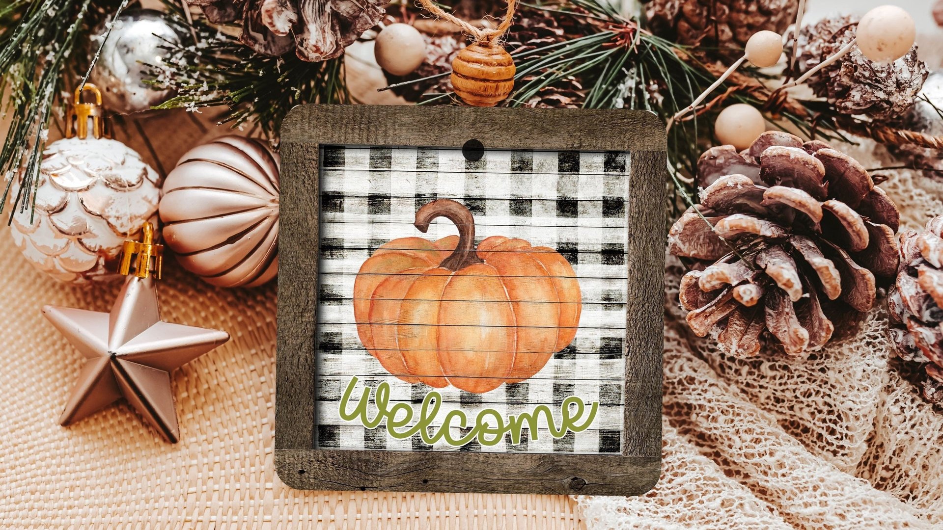 farmhouse pumpkin ornament welcome wreath attachments for fall style gift, Thanksgiving ornaments for tree, fall host gift, black and white