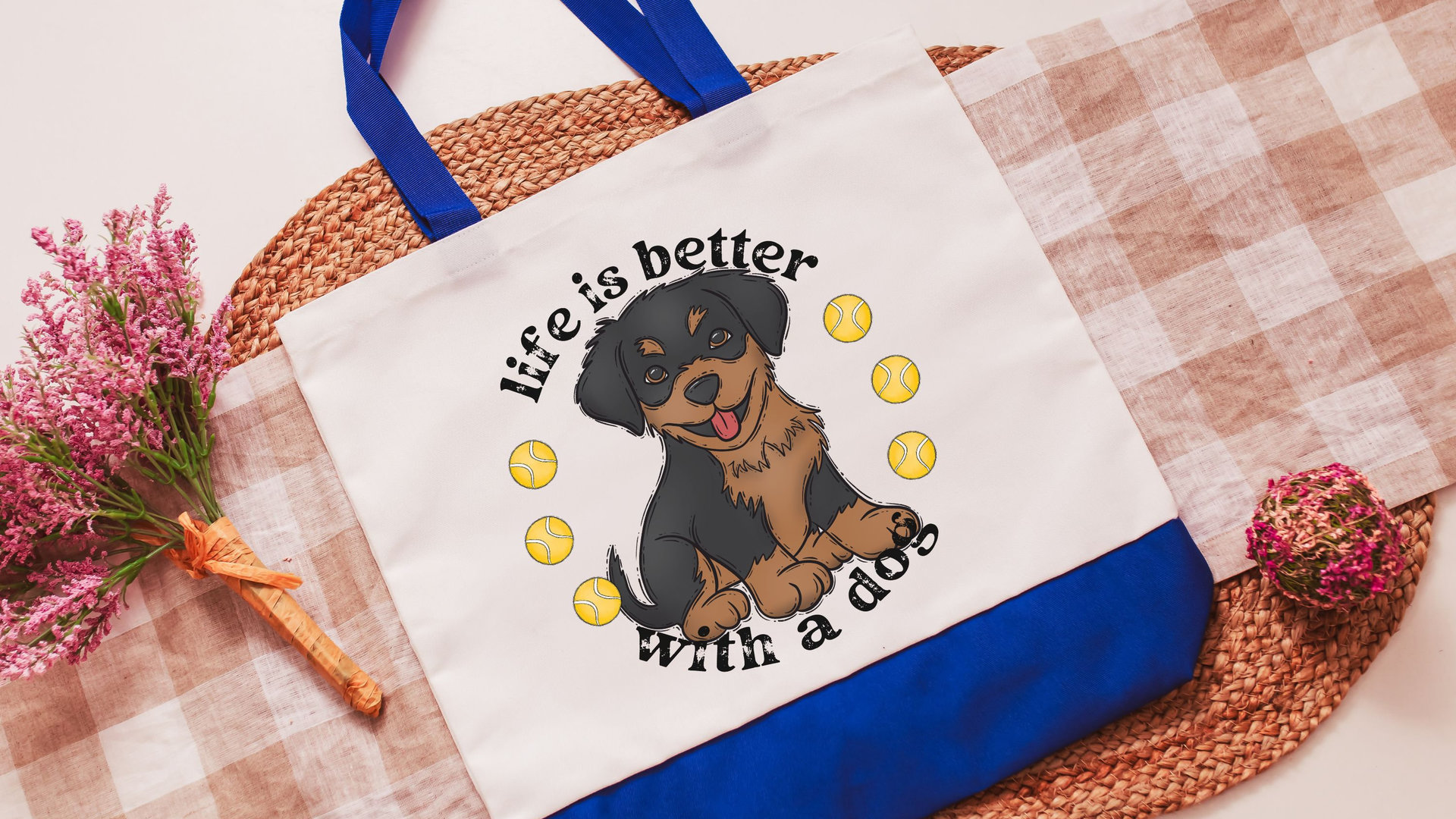 Life is better with a dog, rottweiler tote bag