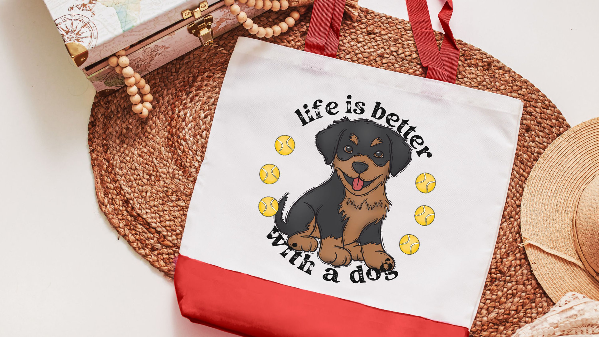 Life is better with a dog, rottweiler tote bag