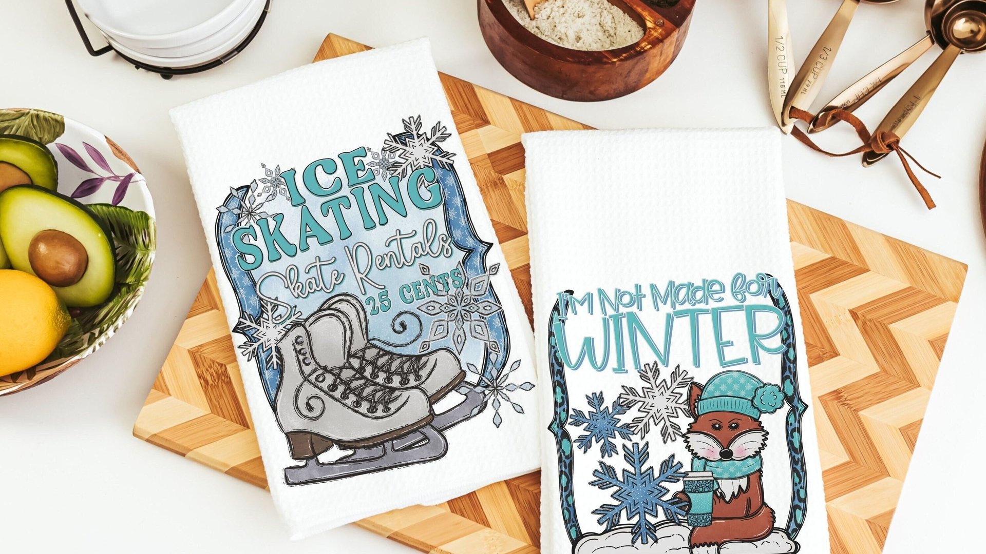 winter woodland hand towels blue Christmas kitchen towels for mom, stocking stuffers for adults, cute Christmas gifts for sister, winter fox