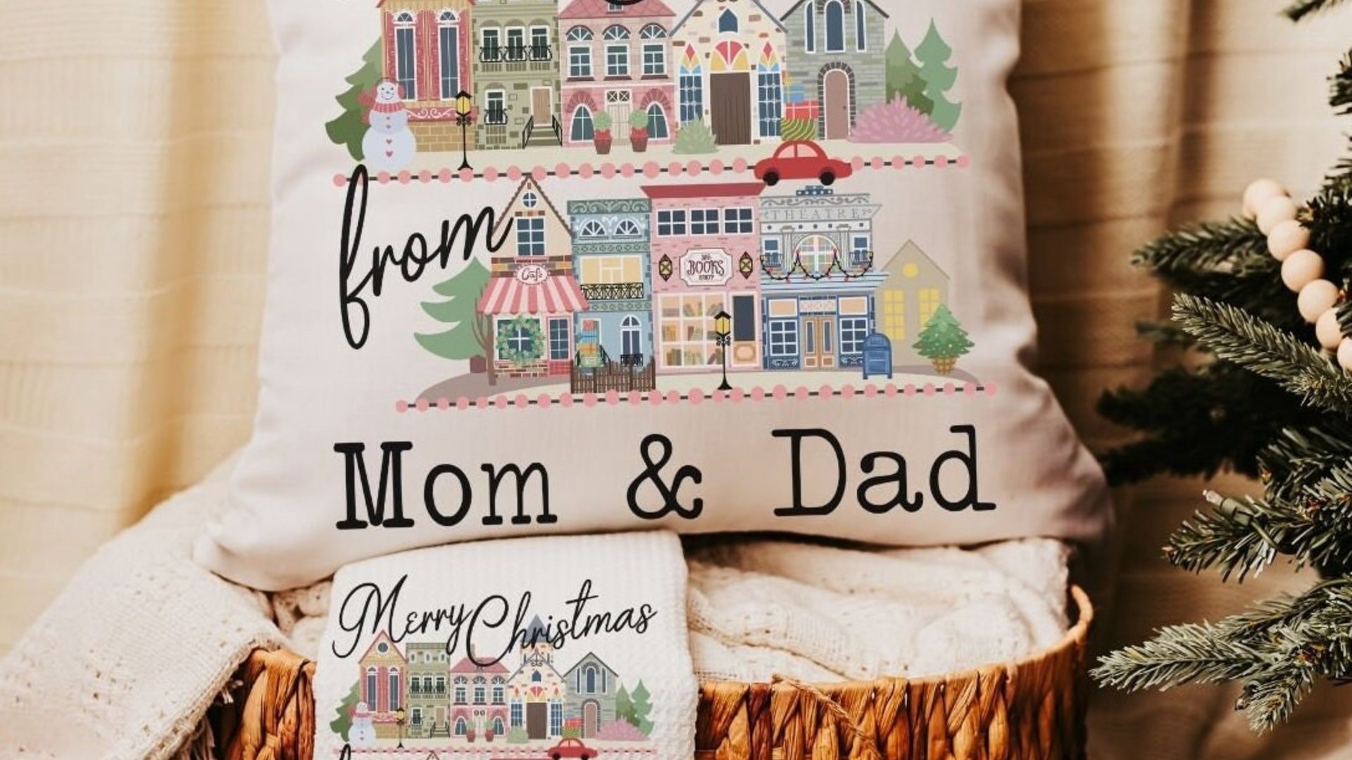 custom city state Christmas housewarming gift set for couple, personalized Christmas village ornament wood, small town Christmas throw