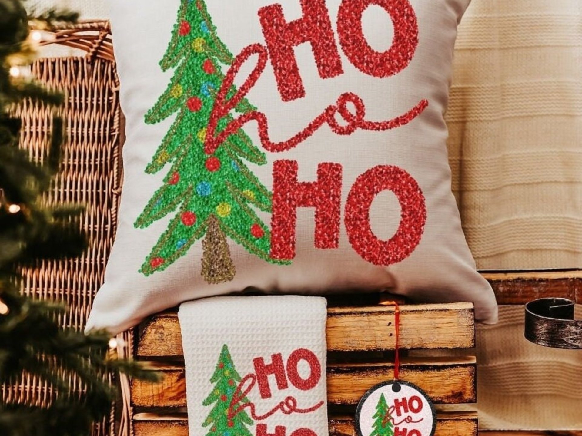 ho ho ho Christmas tree throw pillow for sofa, Christmas housewarming gift set for women, faux sequin Christmas kitchen towels, secret Santa