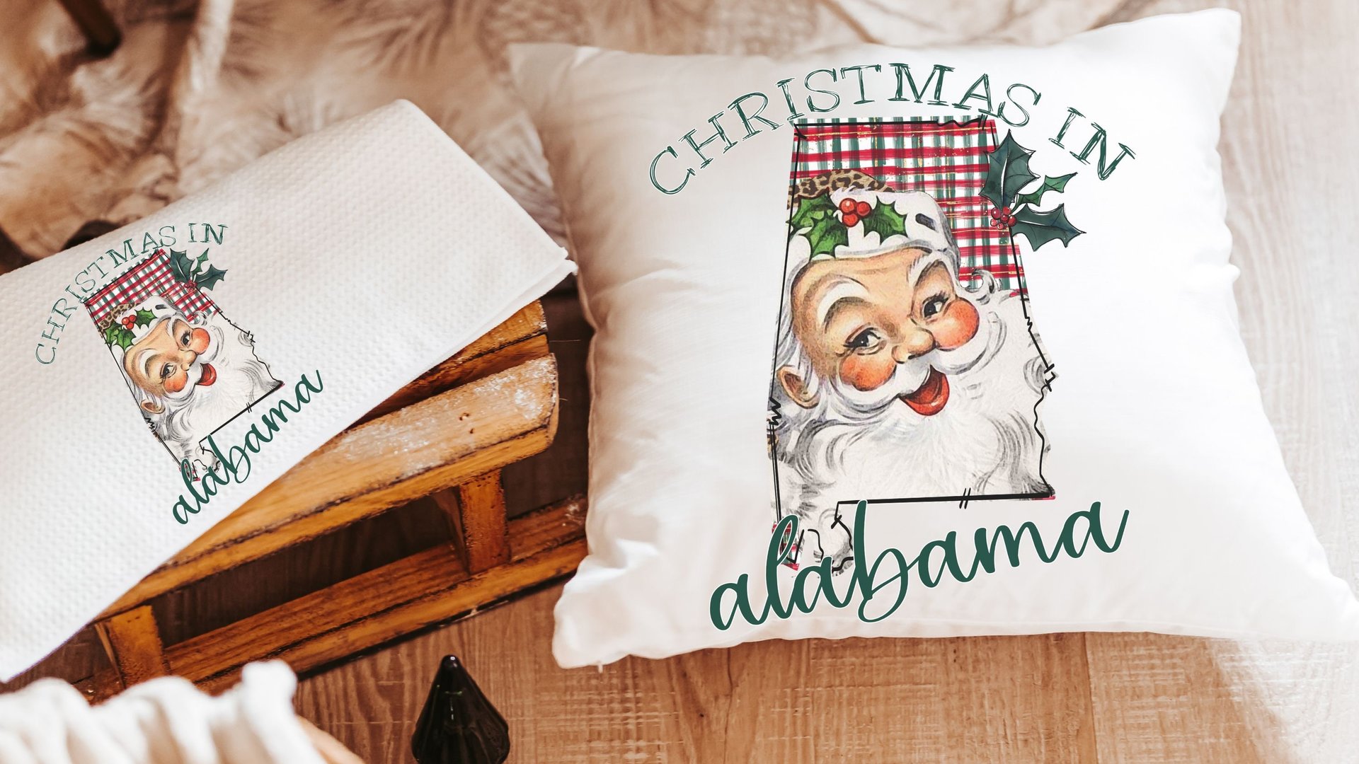Santa throw pillows for couch, Texas kitchen towels for winter, holiday hosting decor home decor gift, Texas Christmas gifts for neighbors