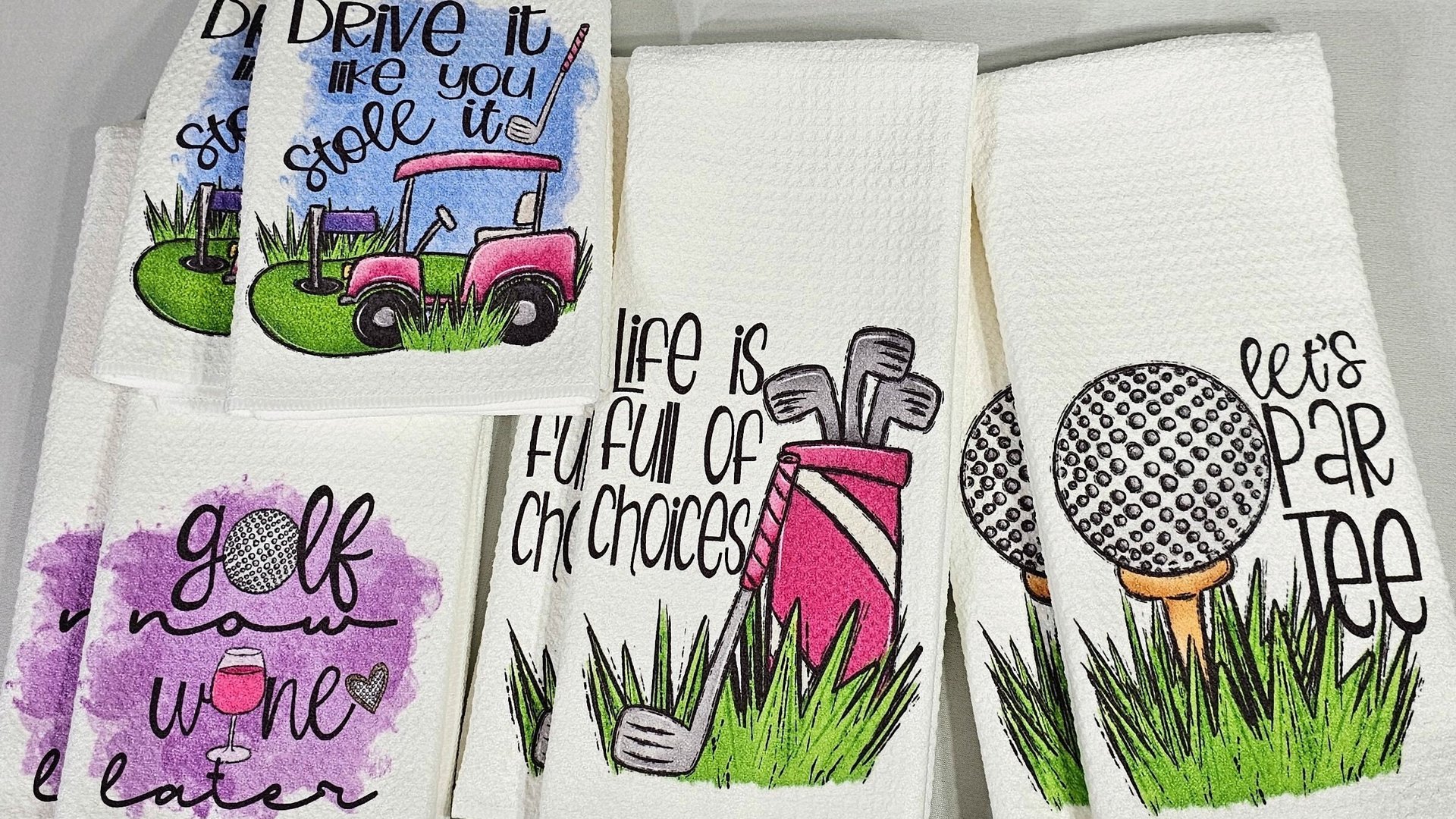 lets par tee funny golf kitchen towels, drive it like you stole it golf hand towels for bathroom, golf now wine later golf gifts for women