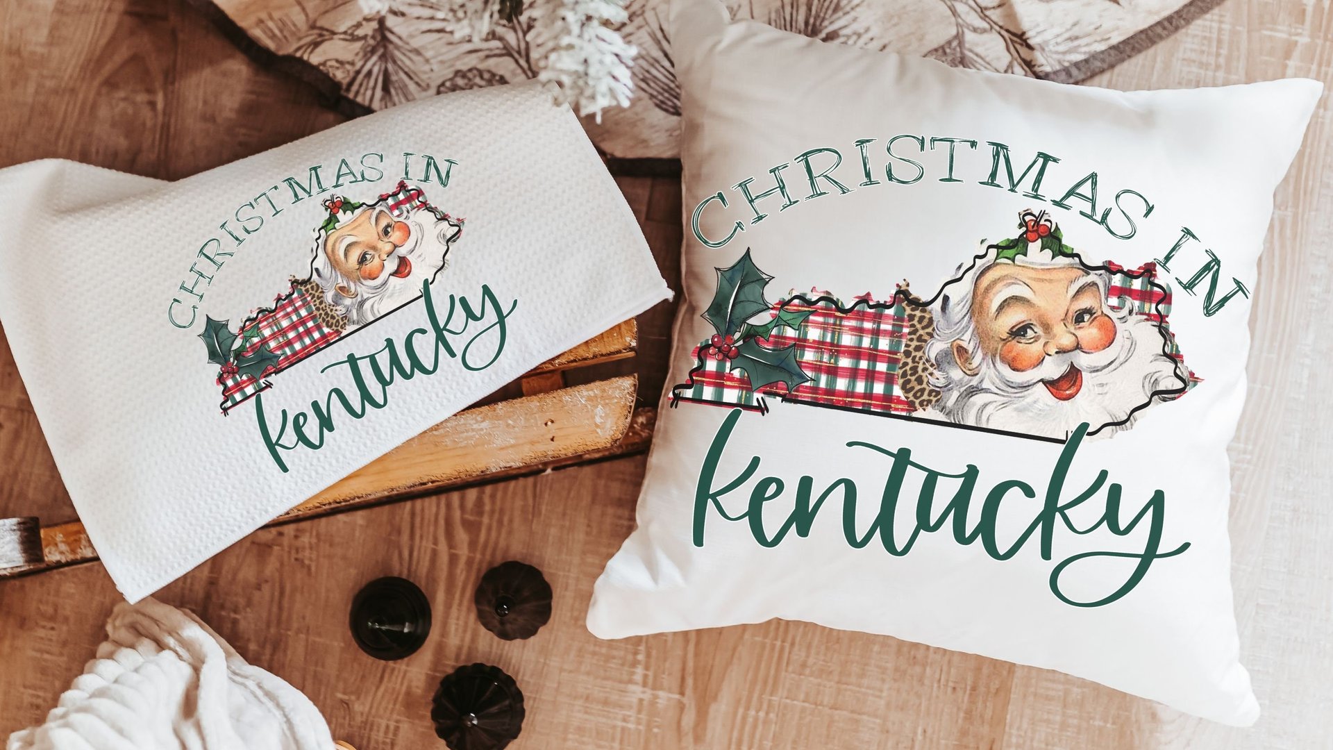 Christmas in Kentucky Christmas throw pillows for sofa, Santa Claus kitchen towels for neighbors, cute Christmas housewarming gifts for