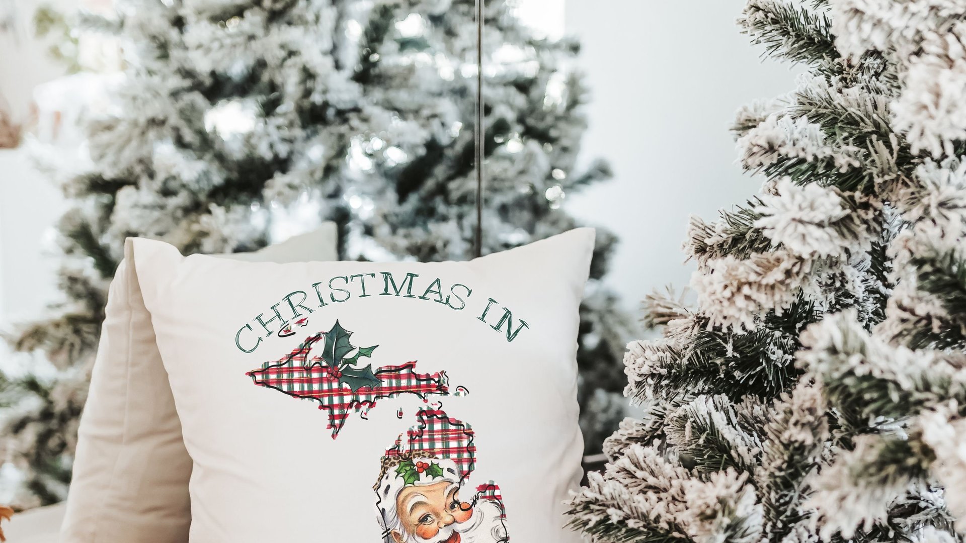 custom state Christmas kitchen towels for friends, Santa Claus Christmas throw pillows for sofa, Michigan Christmas gifts for neighbors