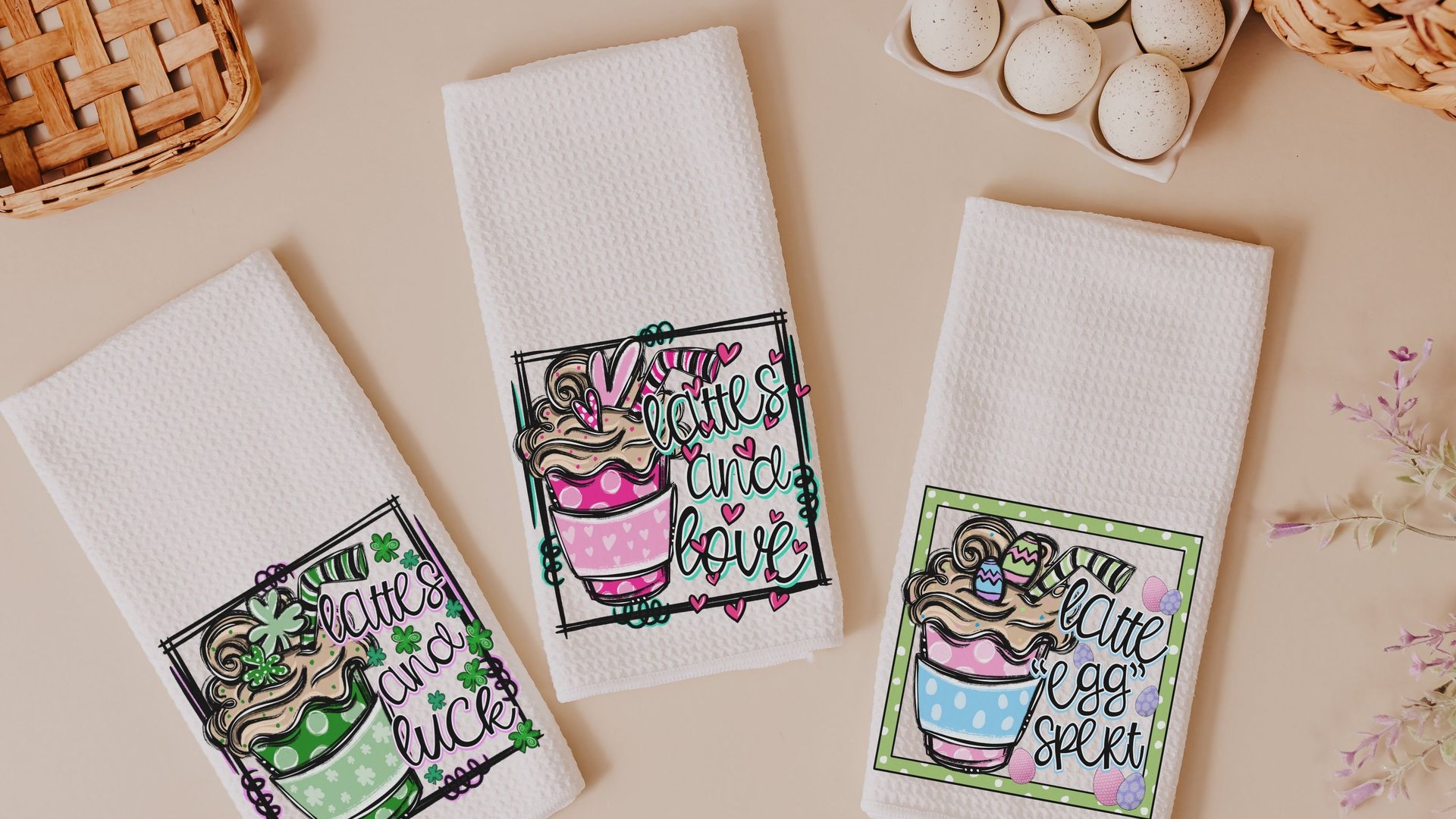 latte eggspert Easter kitchen towels for Mom, cute kitchen hand towels for bathroom, Easter gifts for adults, Easter hostess gifts for women