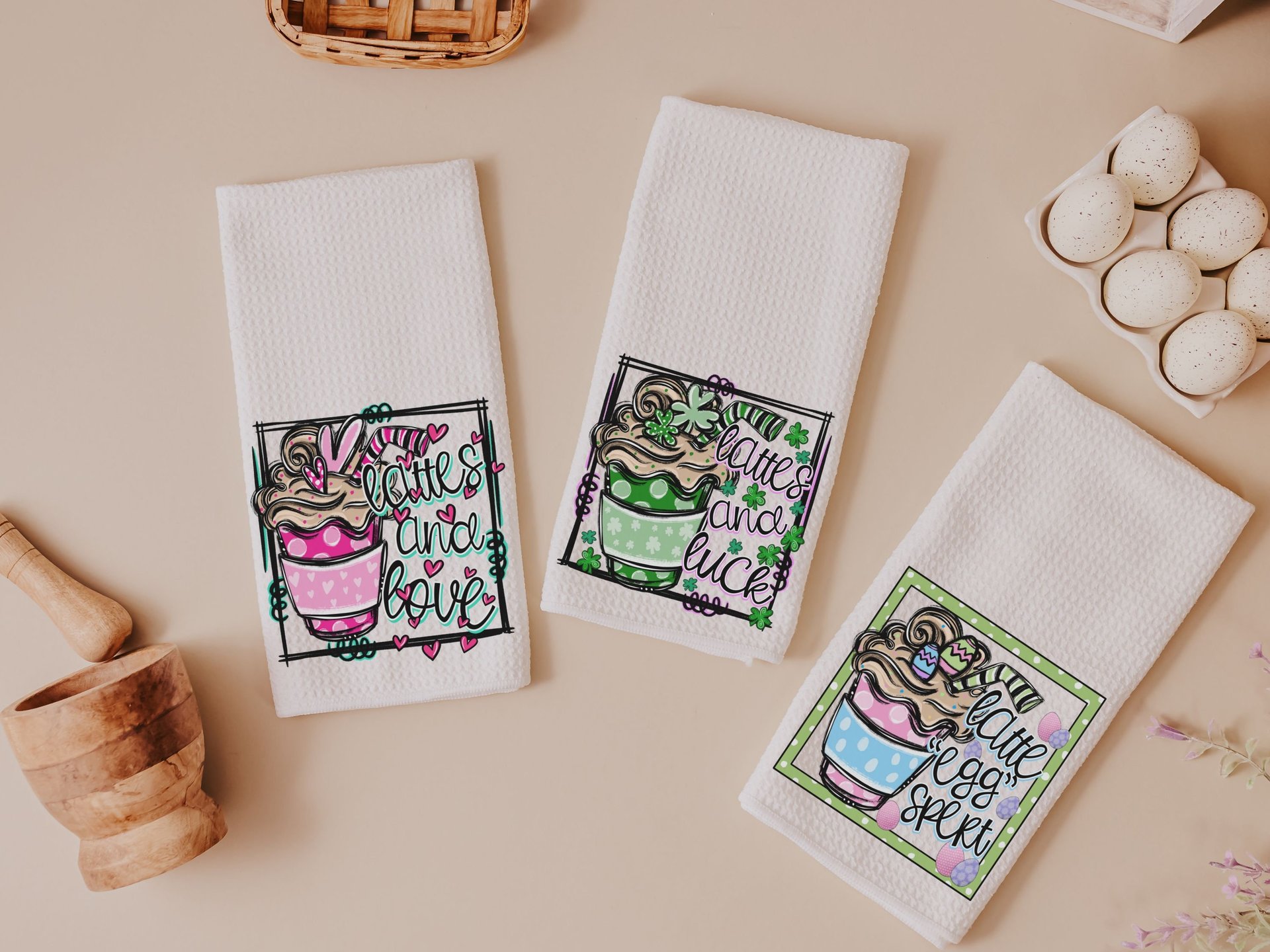 lattes and love pink latte Valentines kitchen towels, Valentines coffee hand towels for bathroom, Galentines day gifts for best friend, cute