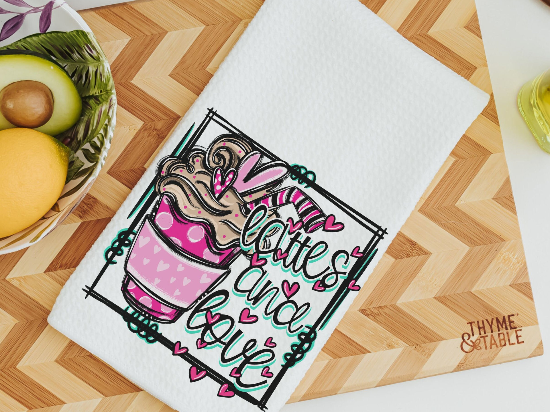 lattes and love pink latte Valentines kitchen towels, Valentines coffee hand towels for bathroom, Galentines day gifts for best friend, cute