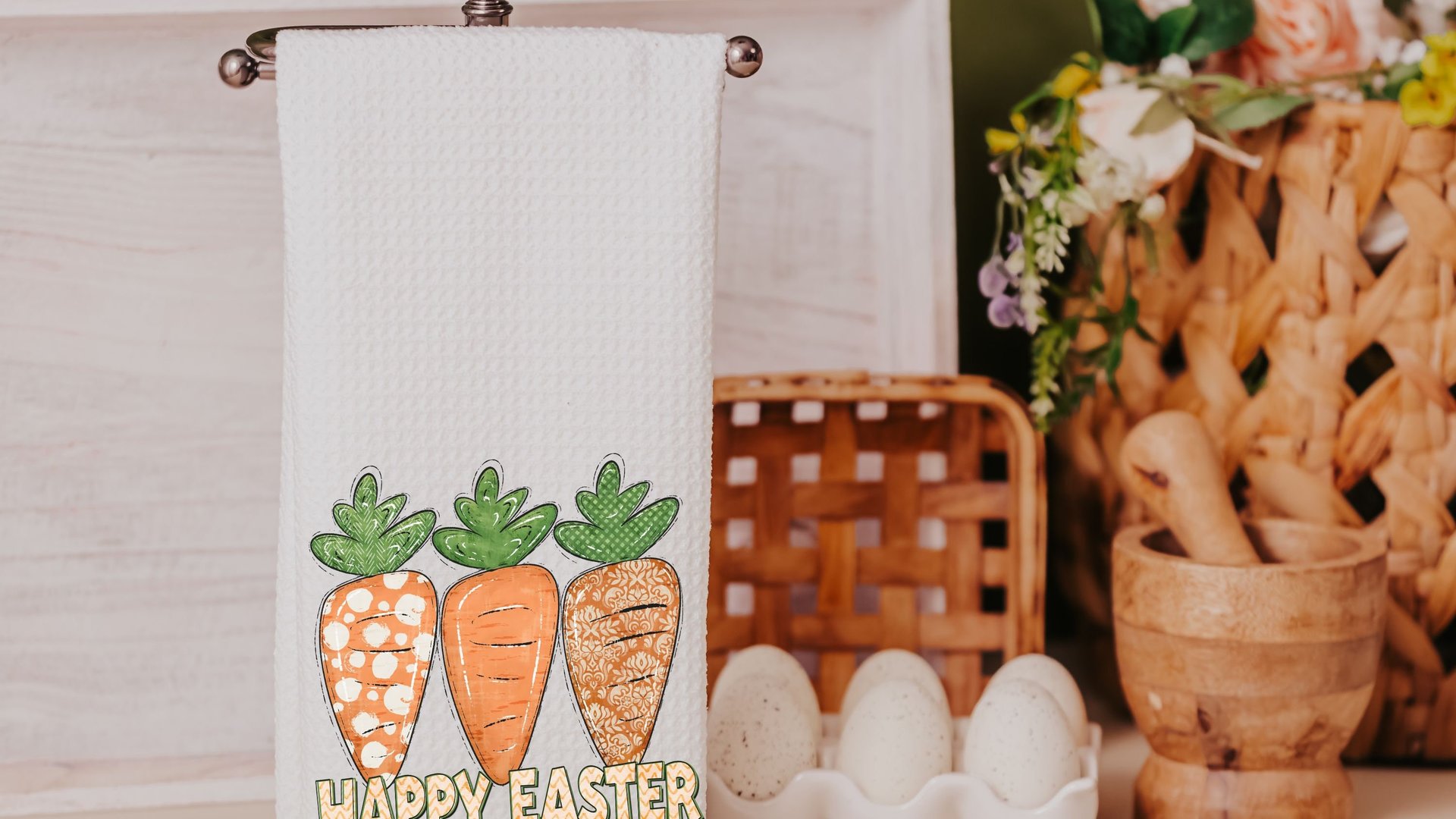 happy Easter kitchen towels for Mom, cute carrot farmhouse Easter decor, Easter basket stuffers for adults, Easter gifts for women, spring