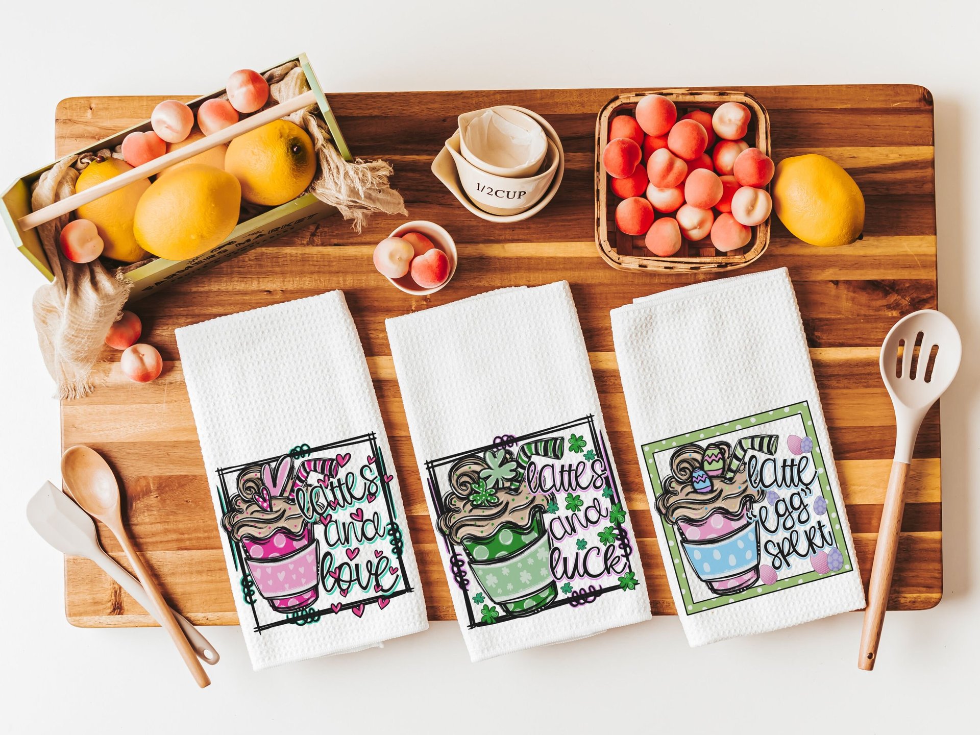lattes and love pink latte Valentines kitchen towels, Valentines coffee hand towels for bathroom, Galentines day gifts for best friend, cute
