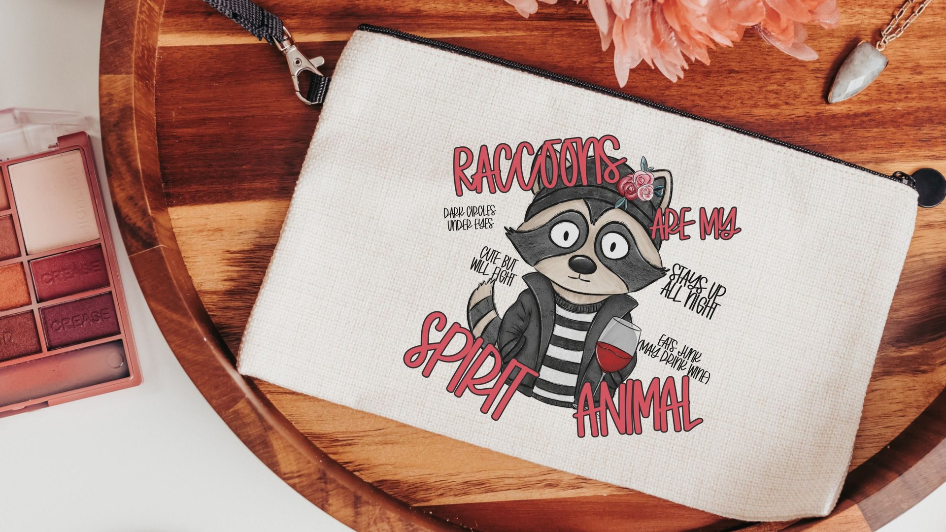 spirit animal funny raccoon makeup bag for women, sarcastic gifts for her, trash panda cosmetic bag for purse, cute but feral snarky gifts