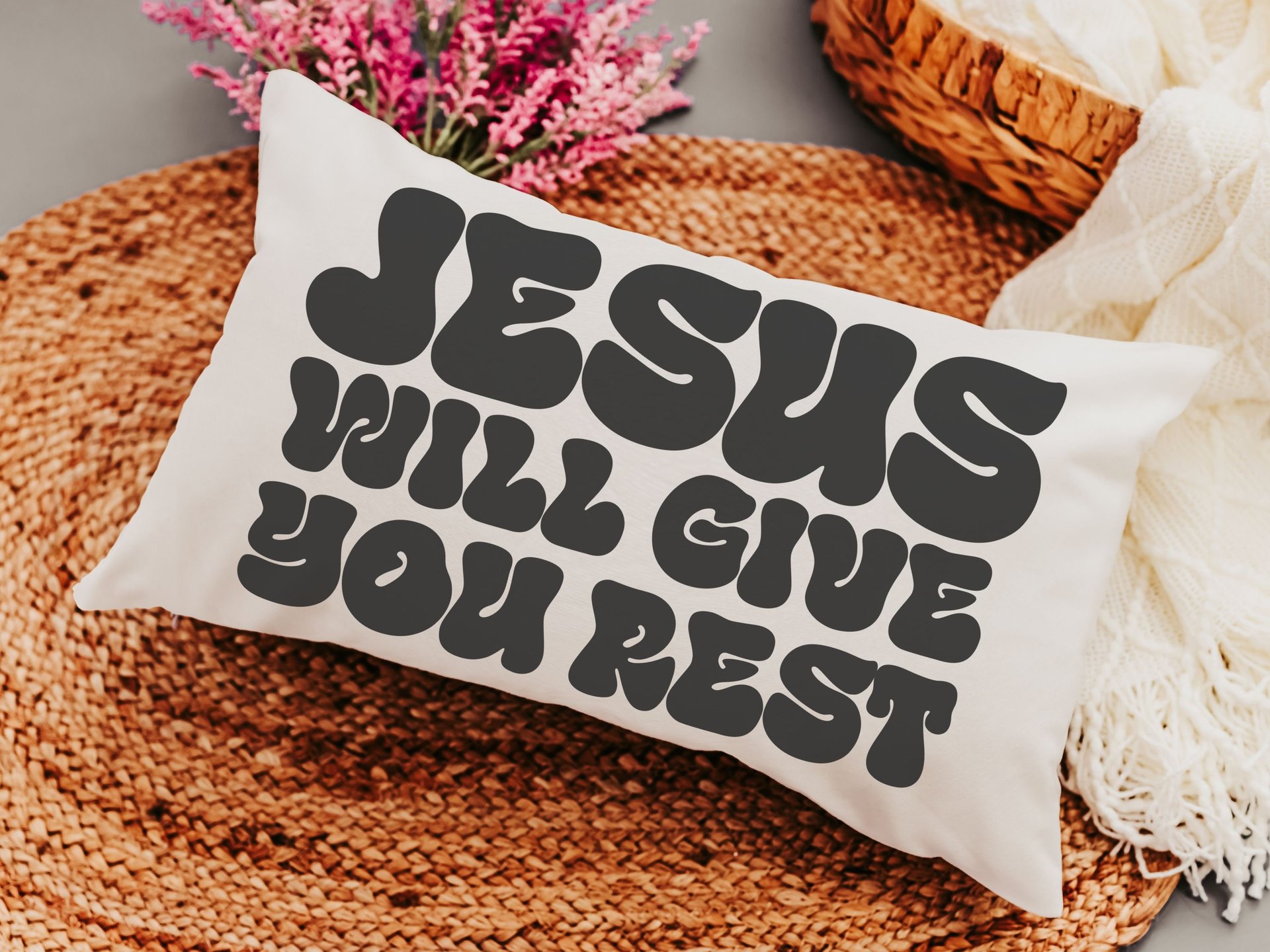 Matthew 11 28 scripture throw pillows for couch, encouragement gift for women, Bible verse lumbar pillow cover 12x20, Christian gifts for