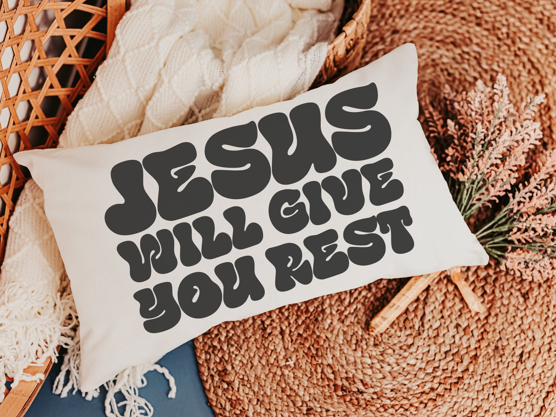 Matthew 11 28 scripture throw pillows for couch, encouragement gift for women, Bible verse lumbar pillow cover 12x20, Christian gifts for
