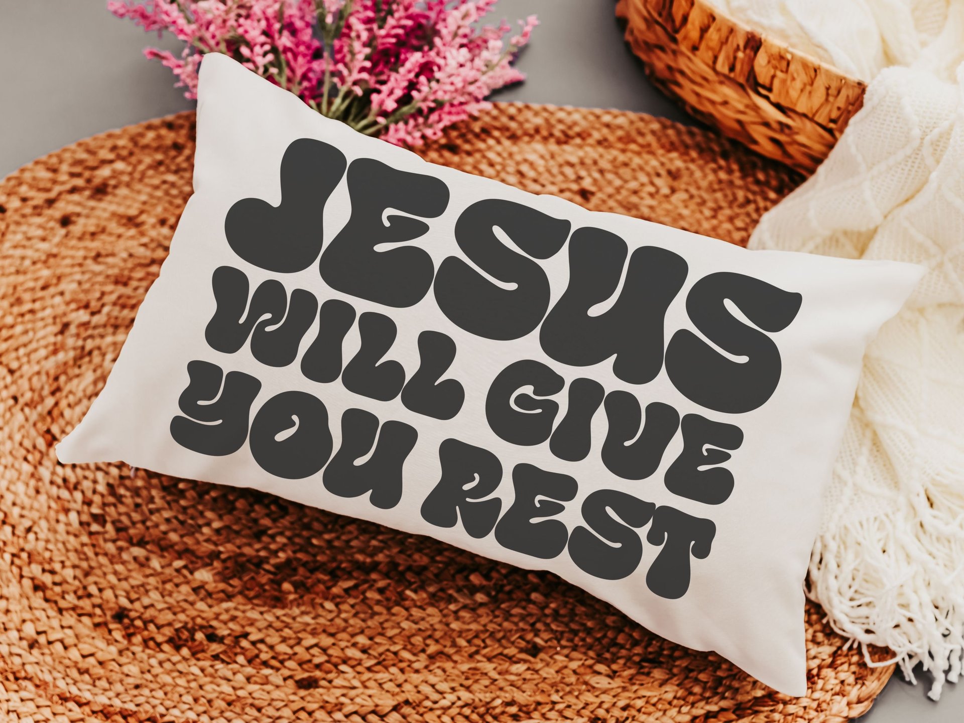 Matthew 11 28 scripture throw pillows for couch, encouragement gift for women, Bible verse lumbar pillow cover 12x20, Christian gifts for