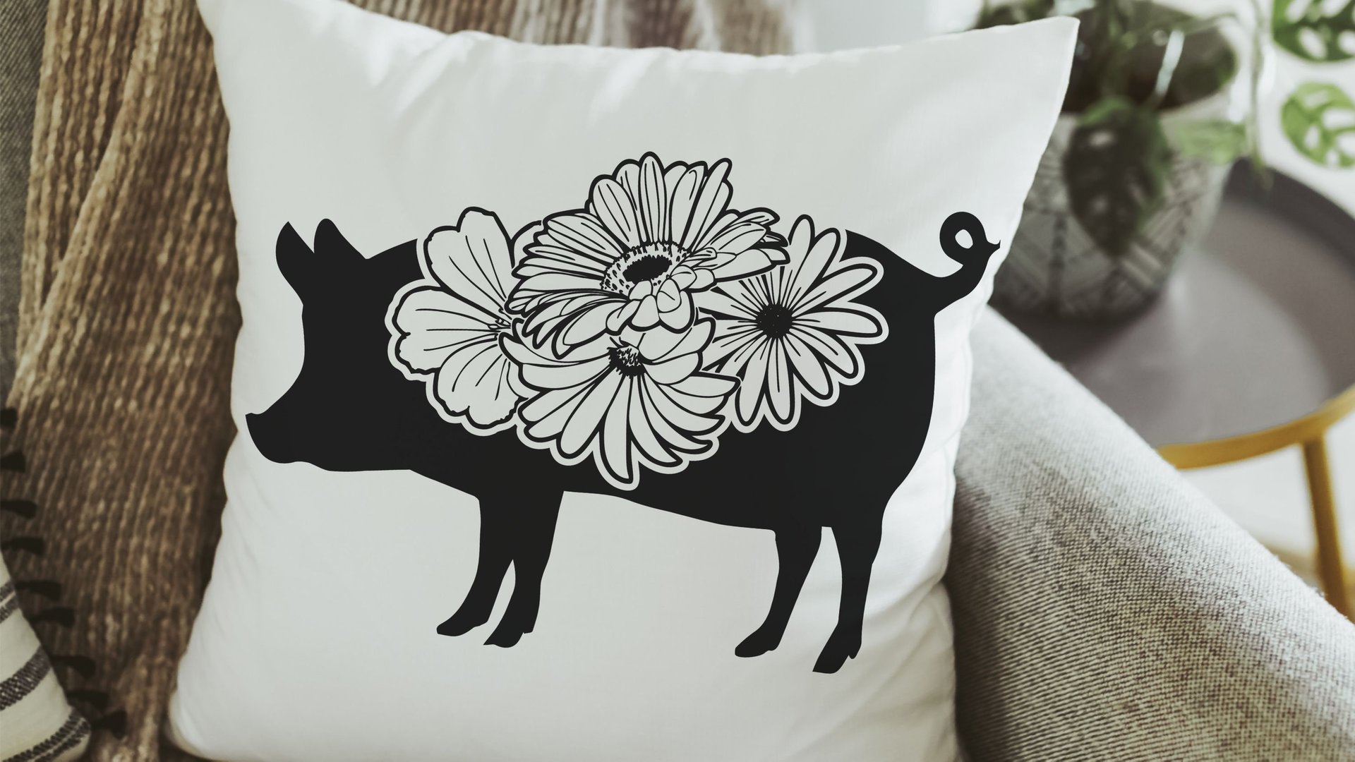 floral pig throw pillows for couch, black and white farmhouse decor living room throw pillow covers 18x18, cute pig gifts for pig lovers