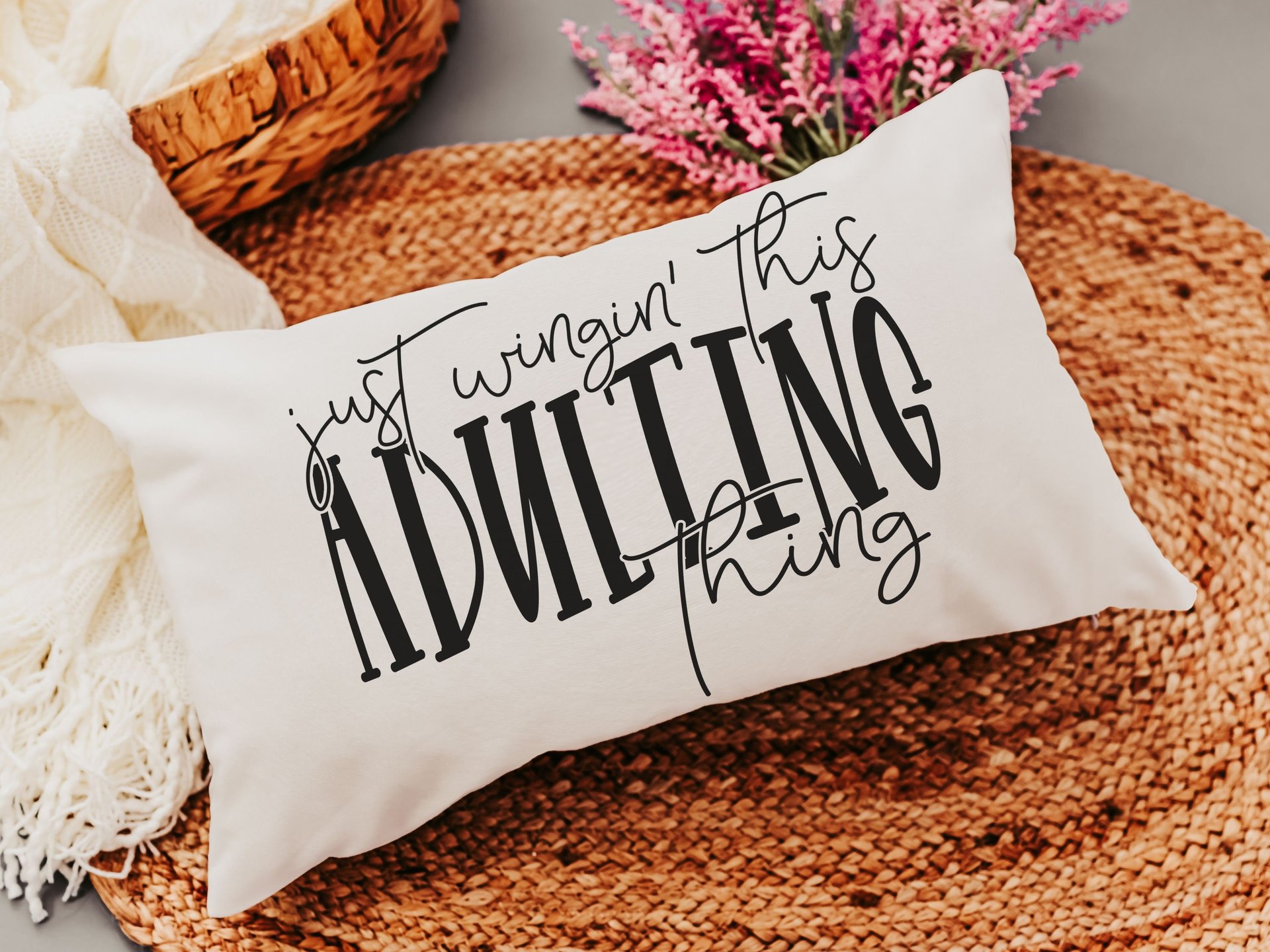 just wing it funny lumbar pillow for bed, 18th birthday gifts for daughter, college dorm decor for girls, adulting gift, sarcastic throw