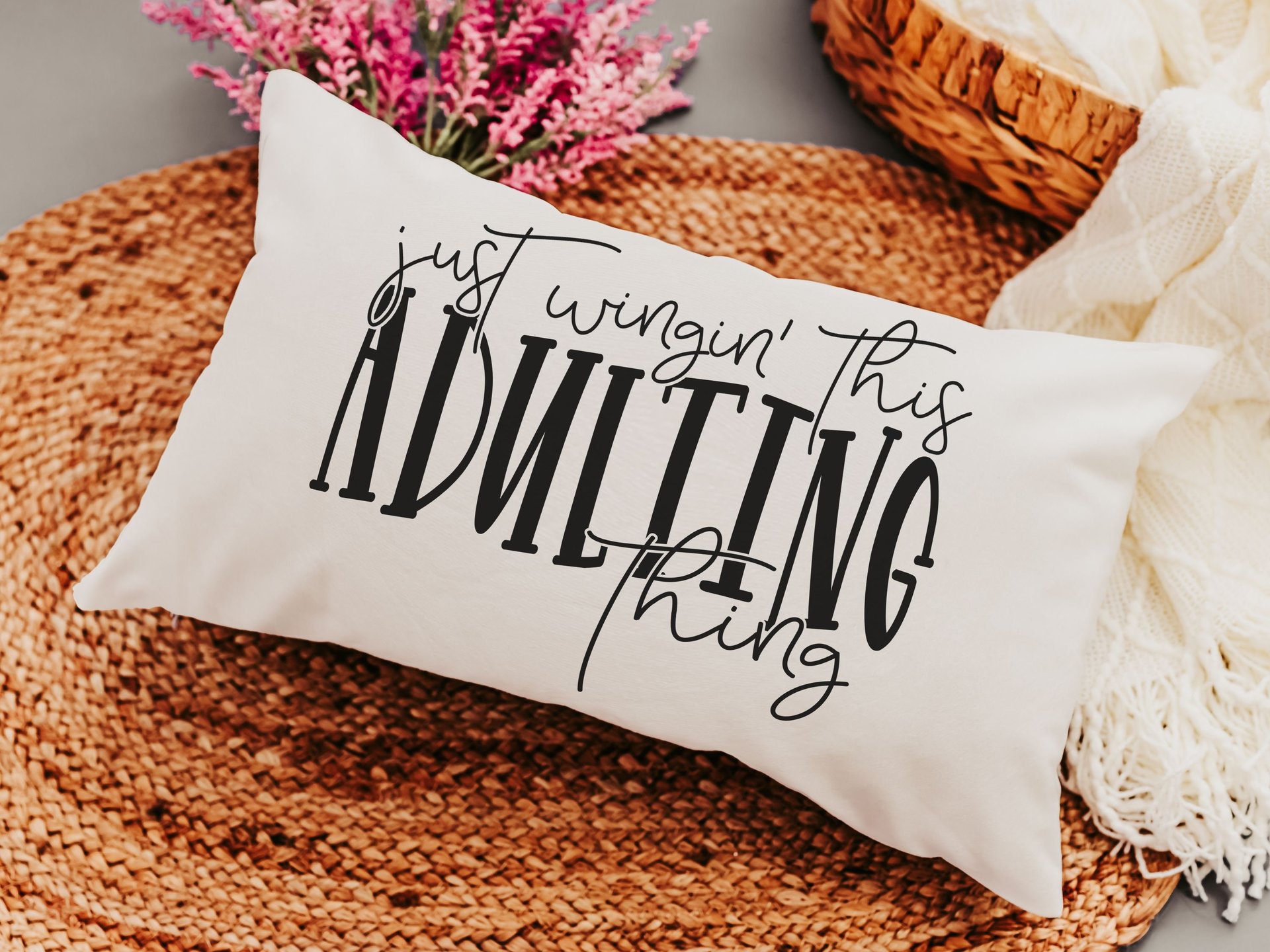 just wing it funny lumbar pillow for bed, 18th birthday gifts for daughter, college dorm decor for girls, adulting gift, sarcastic throw