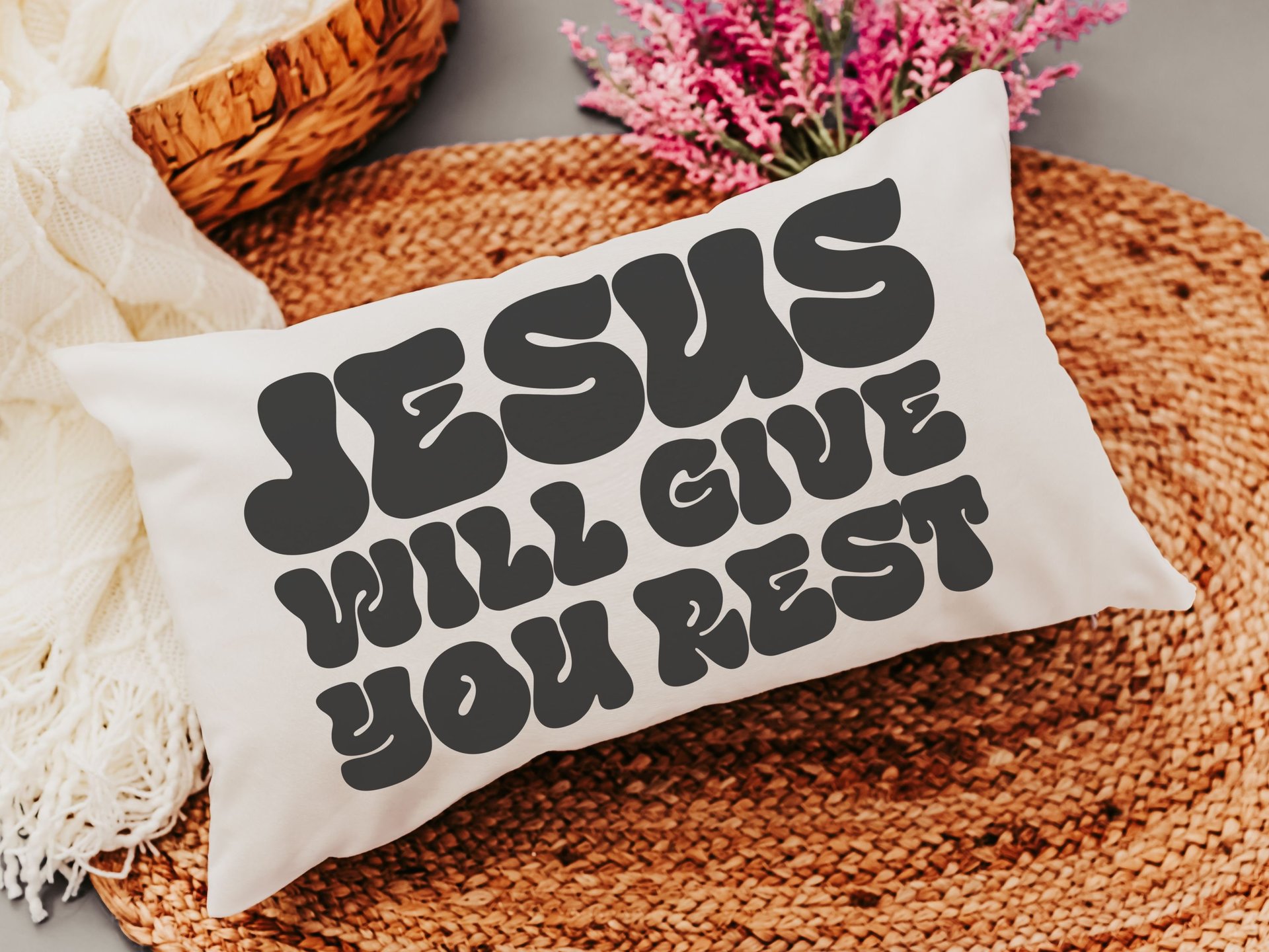 Matthew 11 28 scripture throw pillows for couch, encouragement gift for women, Bible verse lumbar pillow cover 12x20, Christian gifts for