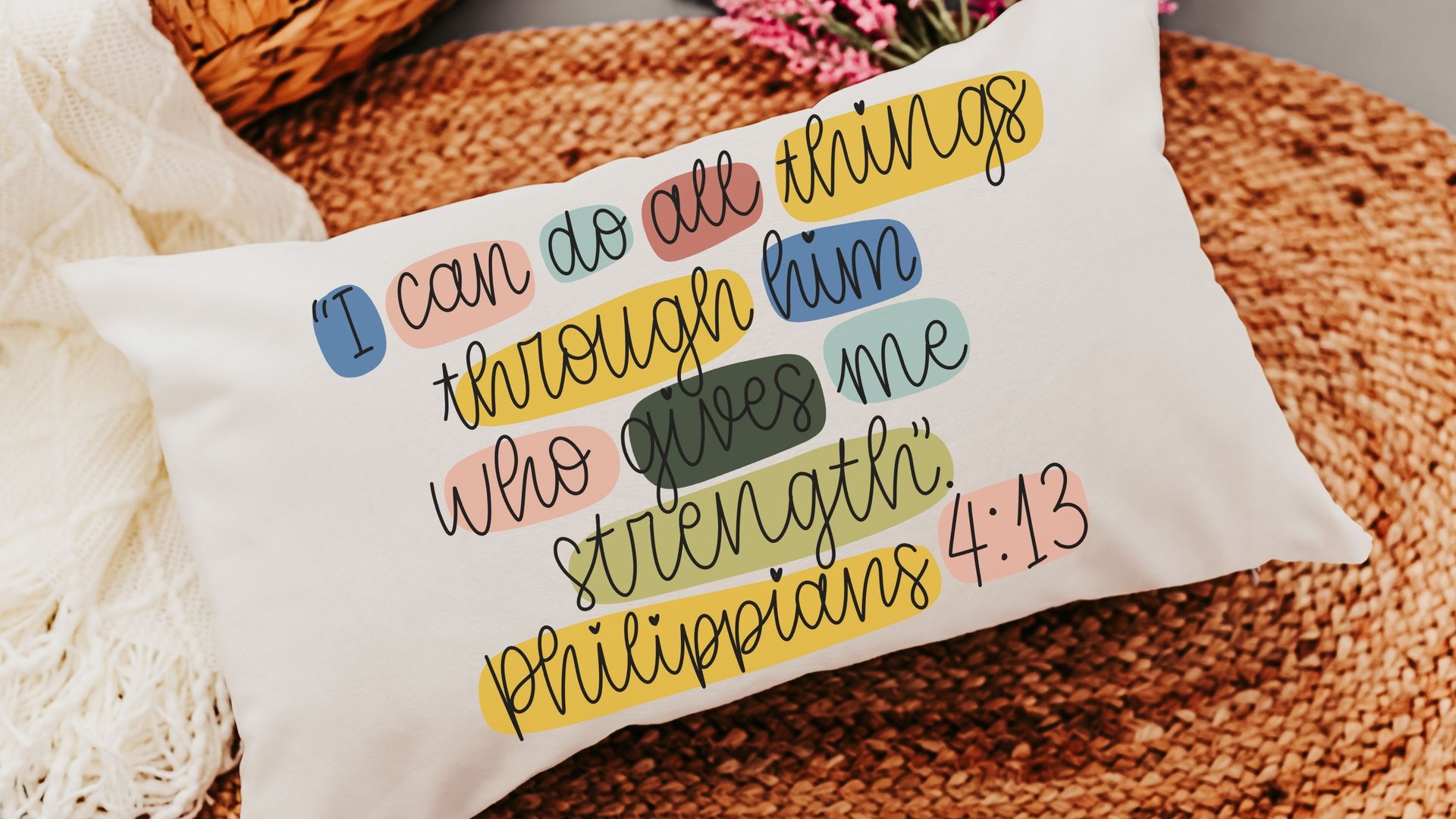 I can do all things through Christ faith throw pillow for bed, Philippians 4 13 colorful Christian lumbar pillow cover 12x20, adult baptism