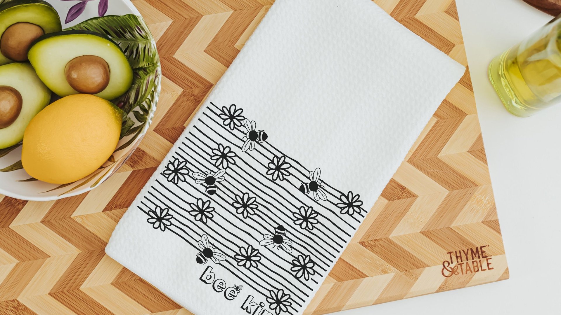 bee kind spring kitchen towels, honey bee gifts for women, bumble bee kitchen decor, black and white daisy hand towels for powder room, best