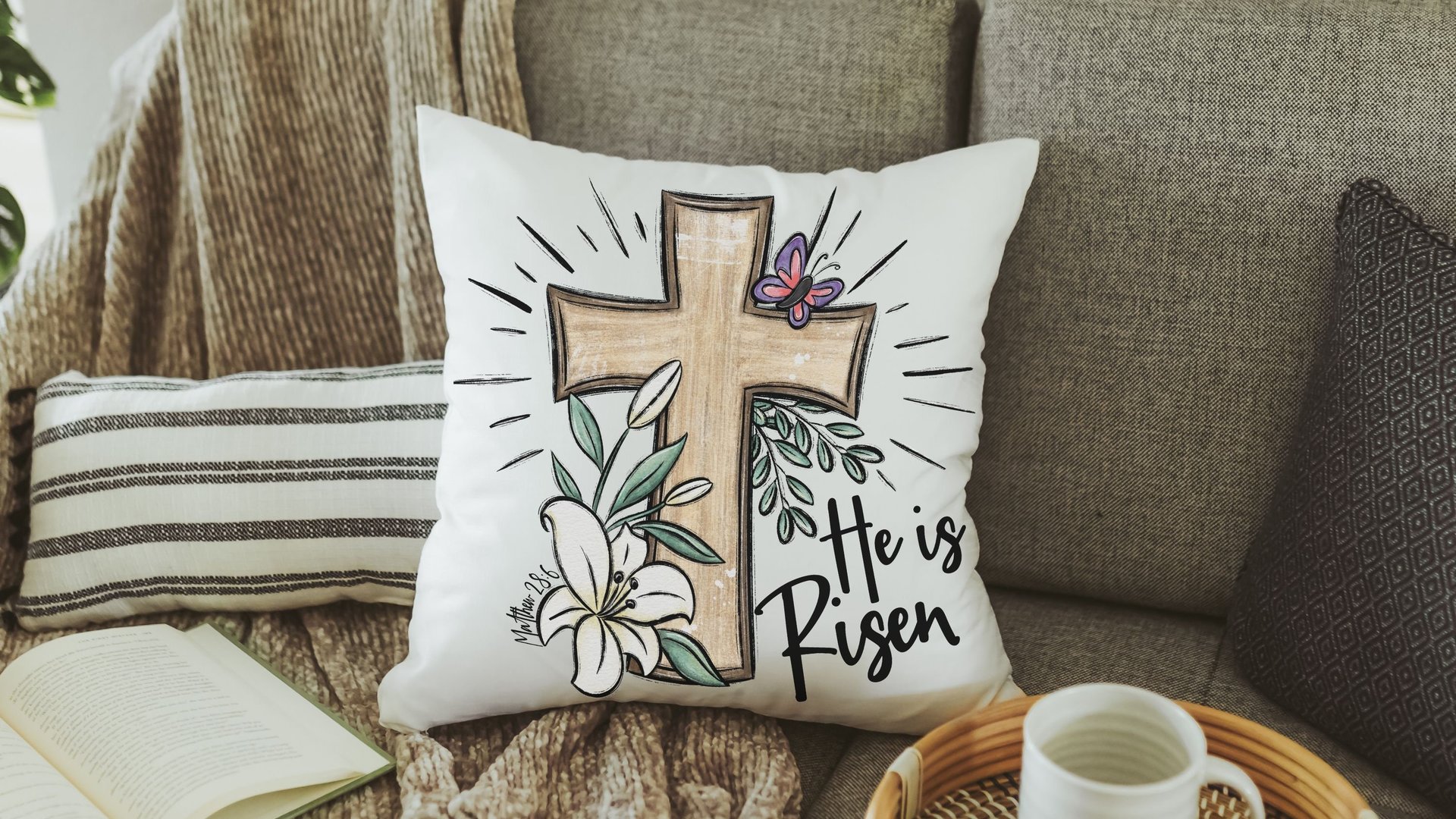 he is risen Easter cross Easter throw pillow covers 18x18, Matthew 28:6 Christian Easter decor gift, religious decorative pillows for couch