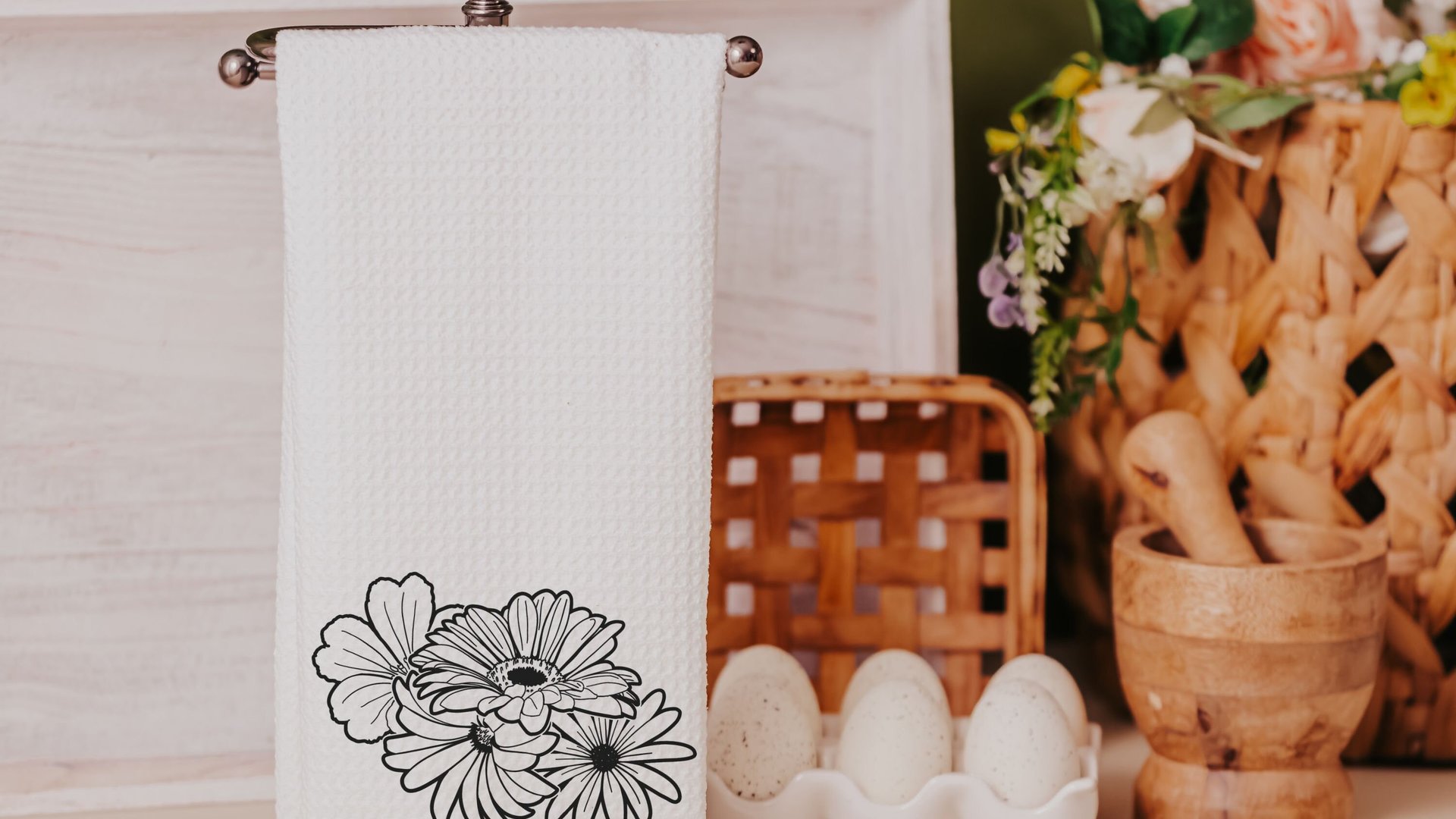 floral chicken kitchen towels for Spring, black and white farmhouse kitchen decor, cute chicken gifts for women, chicken mom gift, flower