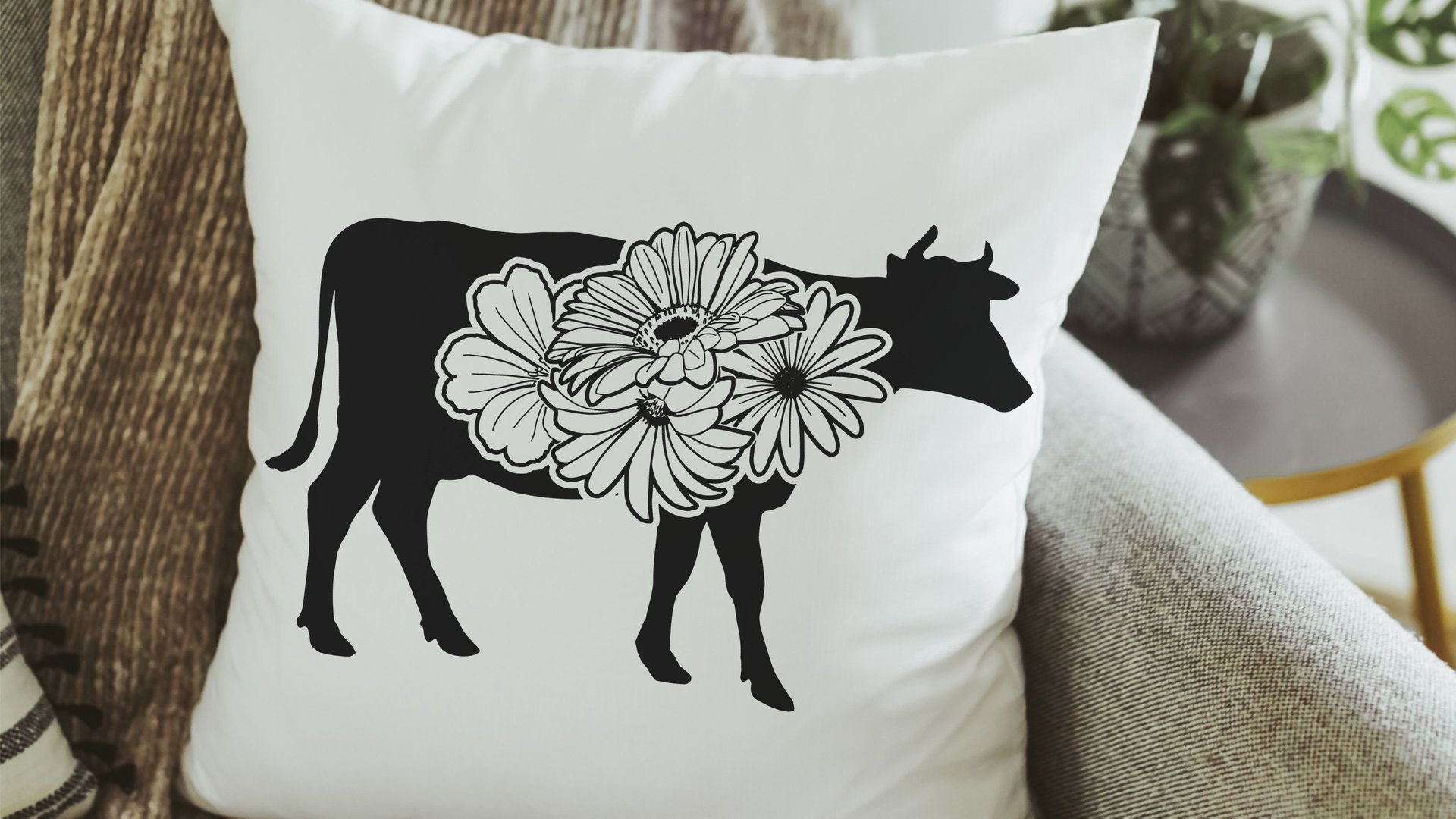 floral cow throw pillows for couch, black and white farmhouse decor living room throw pillow covers 18x18, cute cow gifts for cow lovers