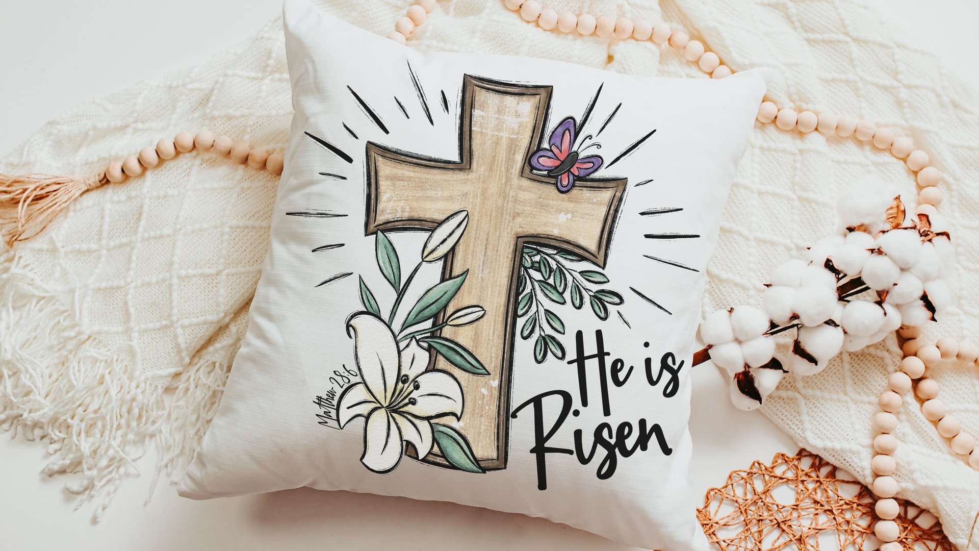 he is risen Easter cross Easter throw pillow covers 18x18, Matthew 28:6 Christian Easter decor gift, religious decorative pillows for couch