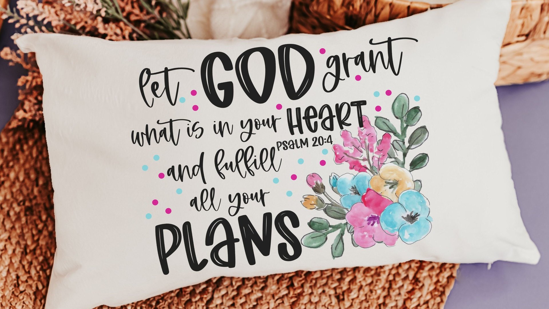 watercolor floral throw pillow for bed, Psalm 20 faith gifts for Mom, cute Christian encouragement gift for women, Bible verse lumbar pillow