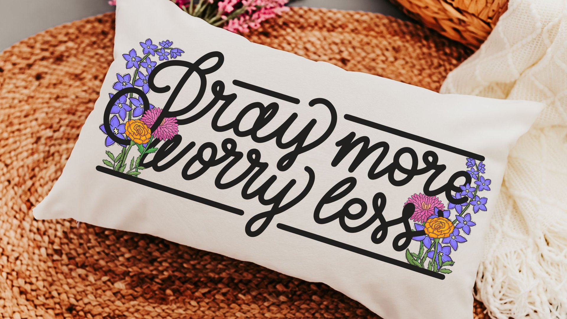 pray more worry less lumbar pillow for rocking chair, Christian gifts for ladies Bible study group essentials, prayer warrior gift, floral