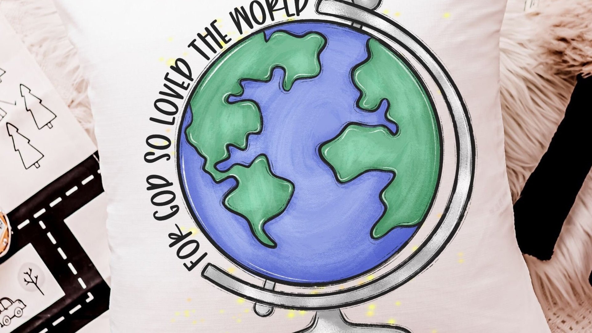 for God so loved the world Earth globe throw pillows for kids, baptism gift boy from grandparents, John 3 16 Bible verse pillow covers 18x18