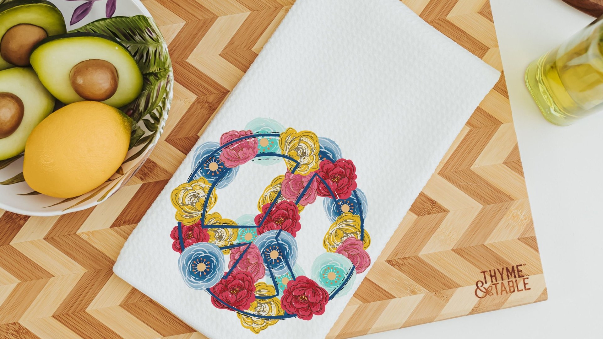 floral peace sign kitchen towels for mom, hippie kitchen decor, cute hand towels for bathroom boho kitchen dish towels, powder room decor