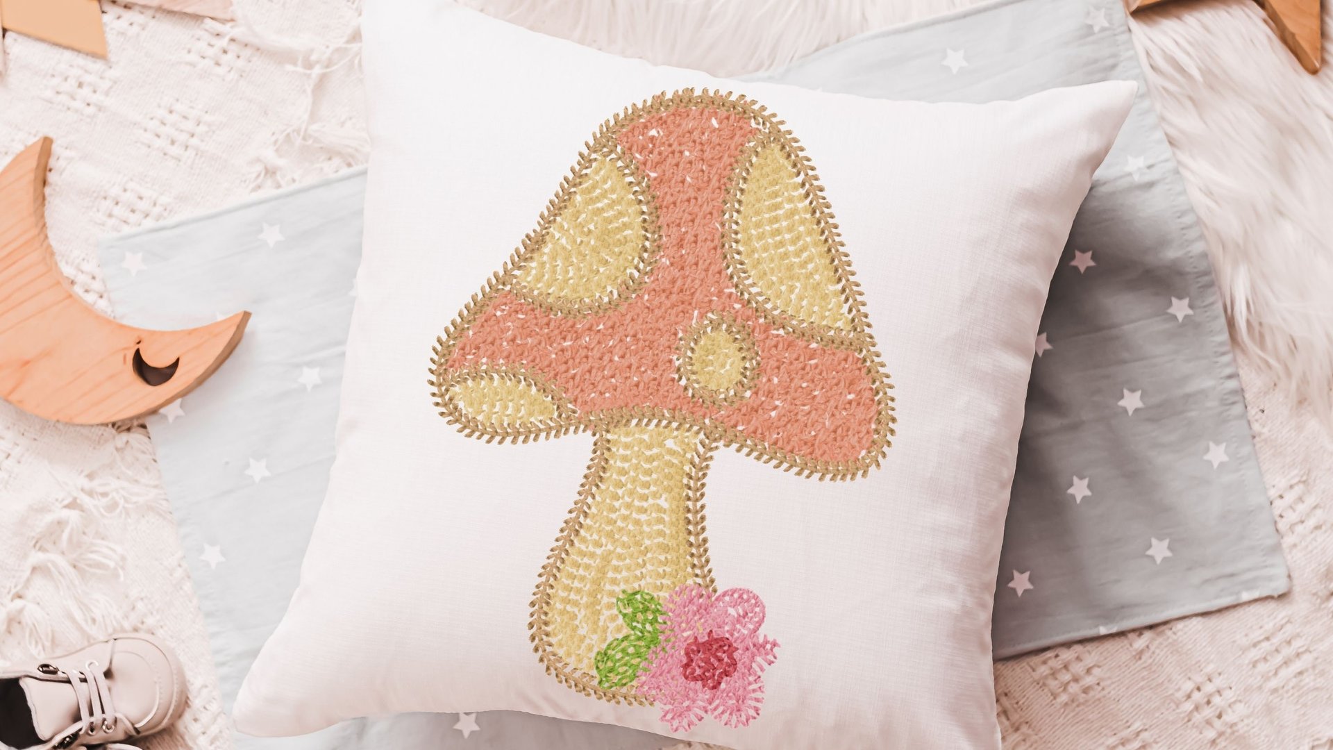 whimsical mushroom throw pillow for rocking chairs, cute mushroom decor for nursery, reading nook pillow, woodland baby shower gift girl