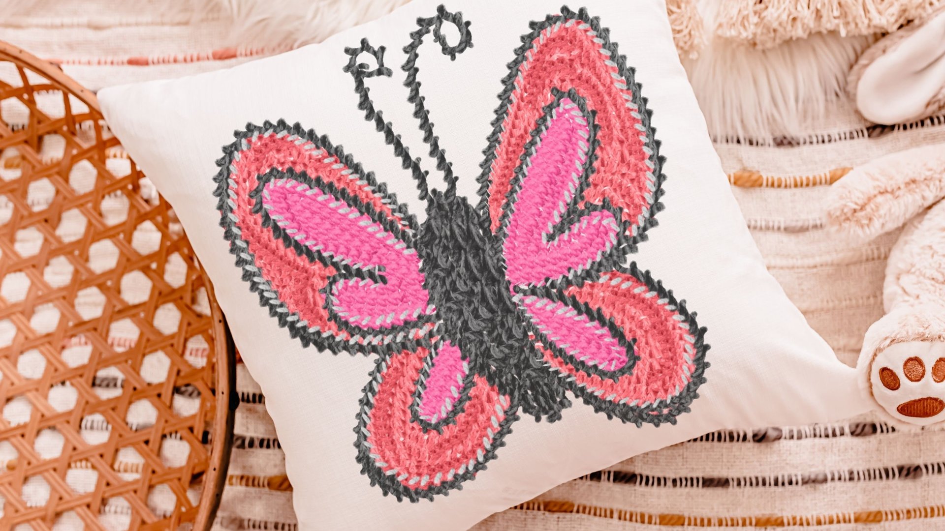 pink butterfly throw pillow for bed cute butterfly gifts for her, garden nursery decor, reading nook pillow, birthday gifts for little girl