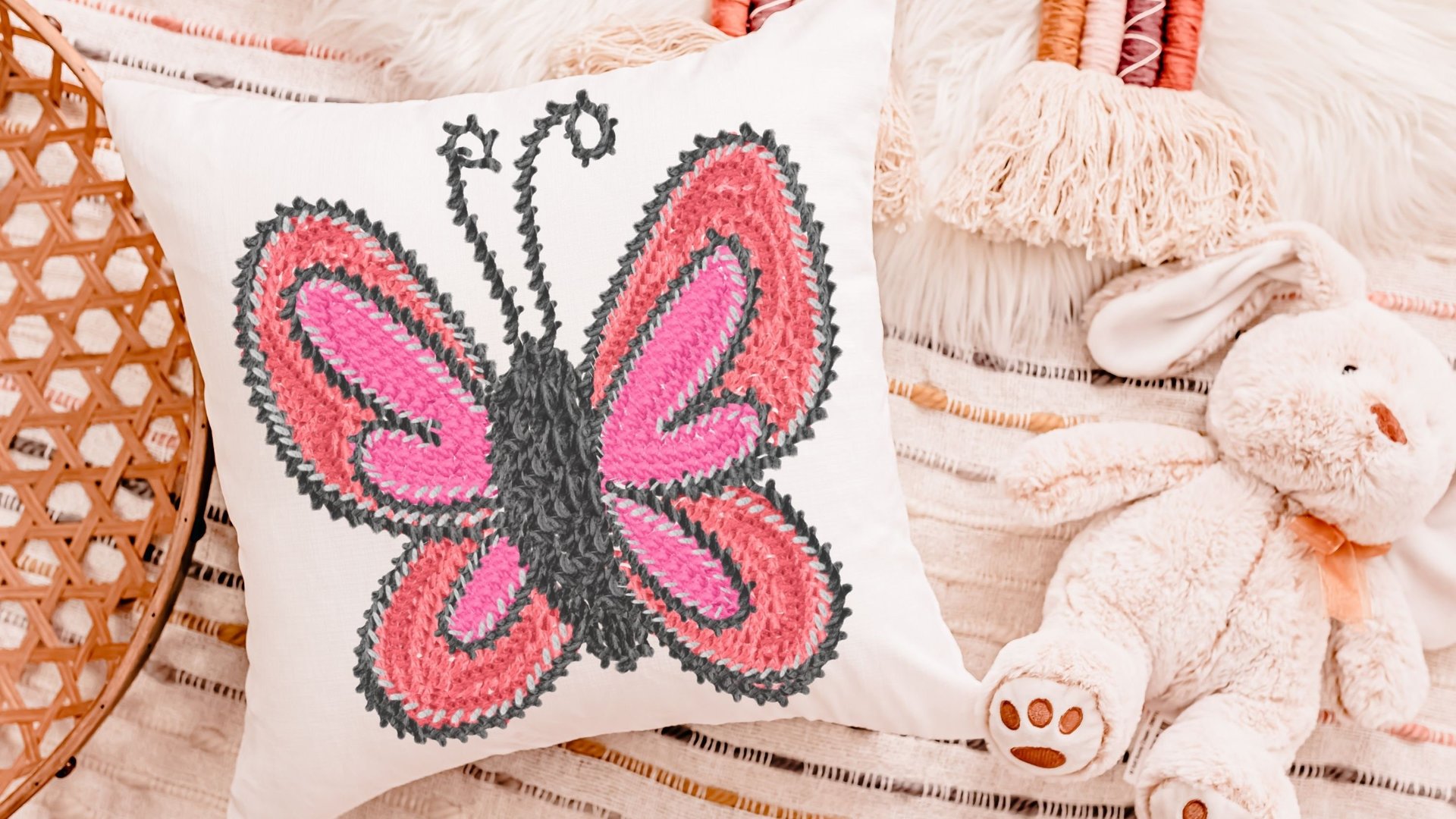 pink butterfly throw pillow for bed cute butterfly gifts for her, garden nursery decor, reading nook pillow, birthday gifts for little girl