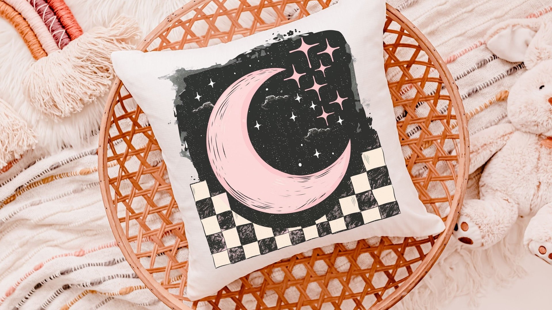 blush pink crescent moon throw pillow for kids room, outer space nursery decor, spacecore reading nook pillow for girls, college dorm decor