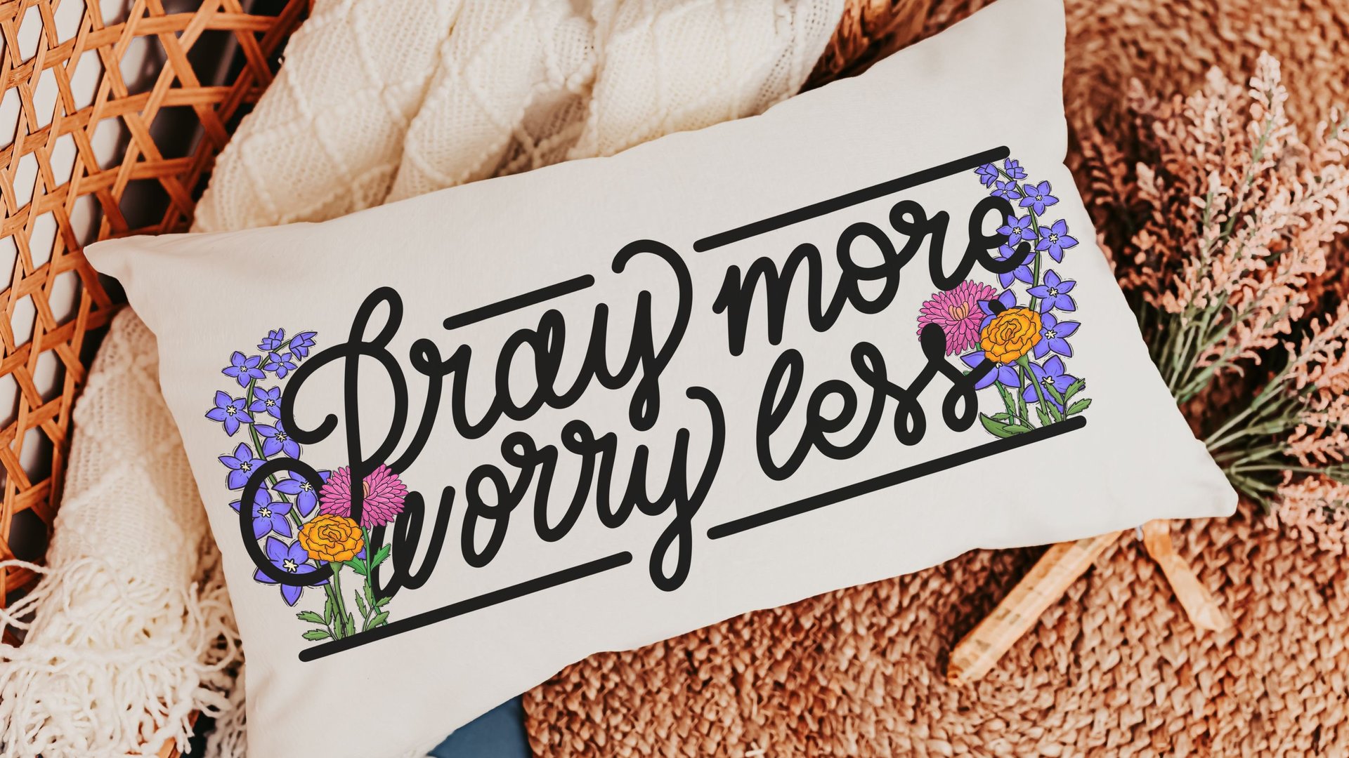 pray more worry less lumbar pillow for rocking chair, Christian gifts for ladies Bible study group essentials, prayer warrior gift, floral