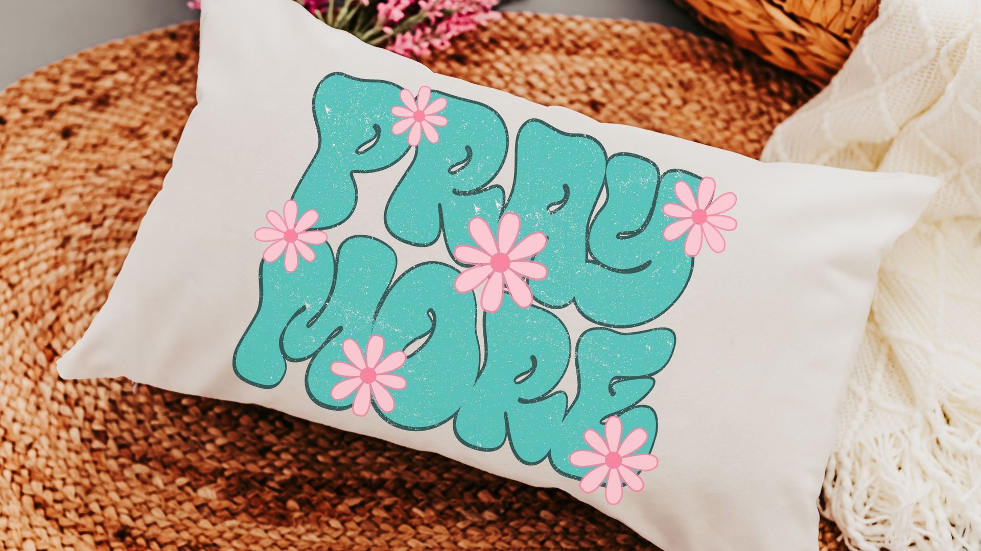 pray more turquoise Christian throw pillow for bed, godmother gift, bubble gum pink flower lumbar pillow cover 12x20, faith gifts for Mom