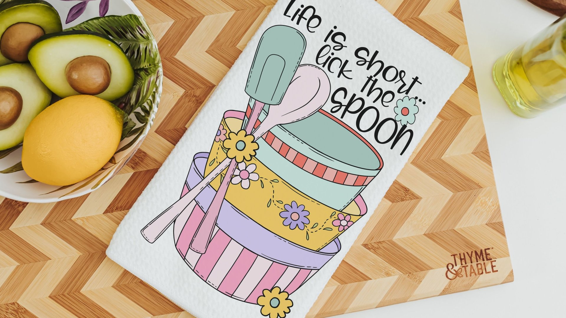 personalized Grandmas kitchen hand towels, cute Mothers day gifts for bakers, kiss the cook kitchen decor, life is short lick the spoon