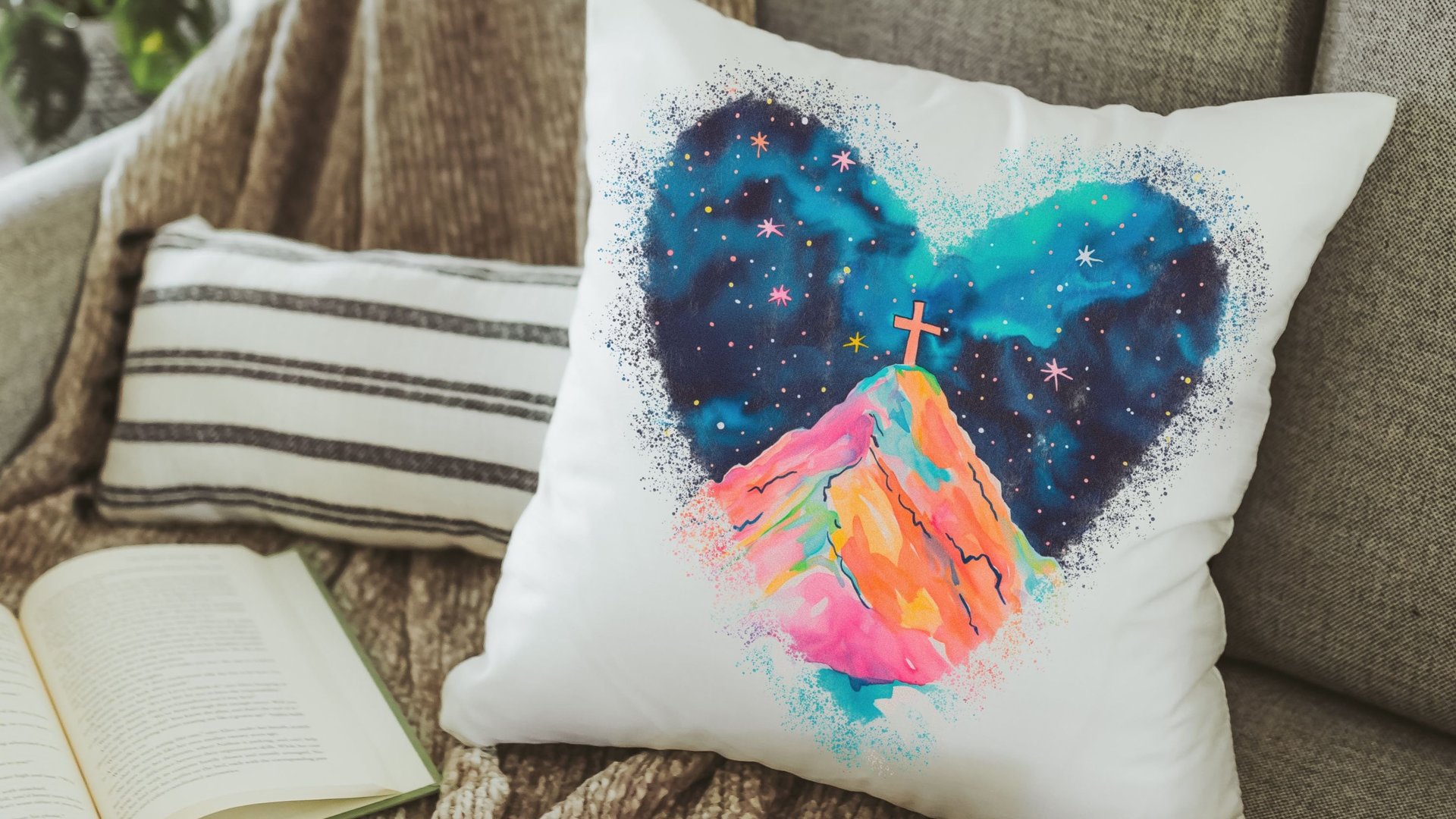 watercolor cross on the hill Christian kitchen towels for gifts, Christian decor for home, faith gifts for Mom, powder room hand towels for