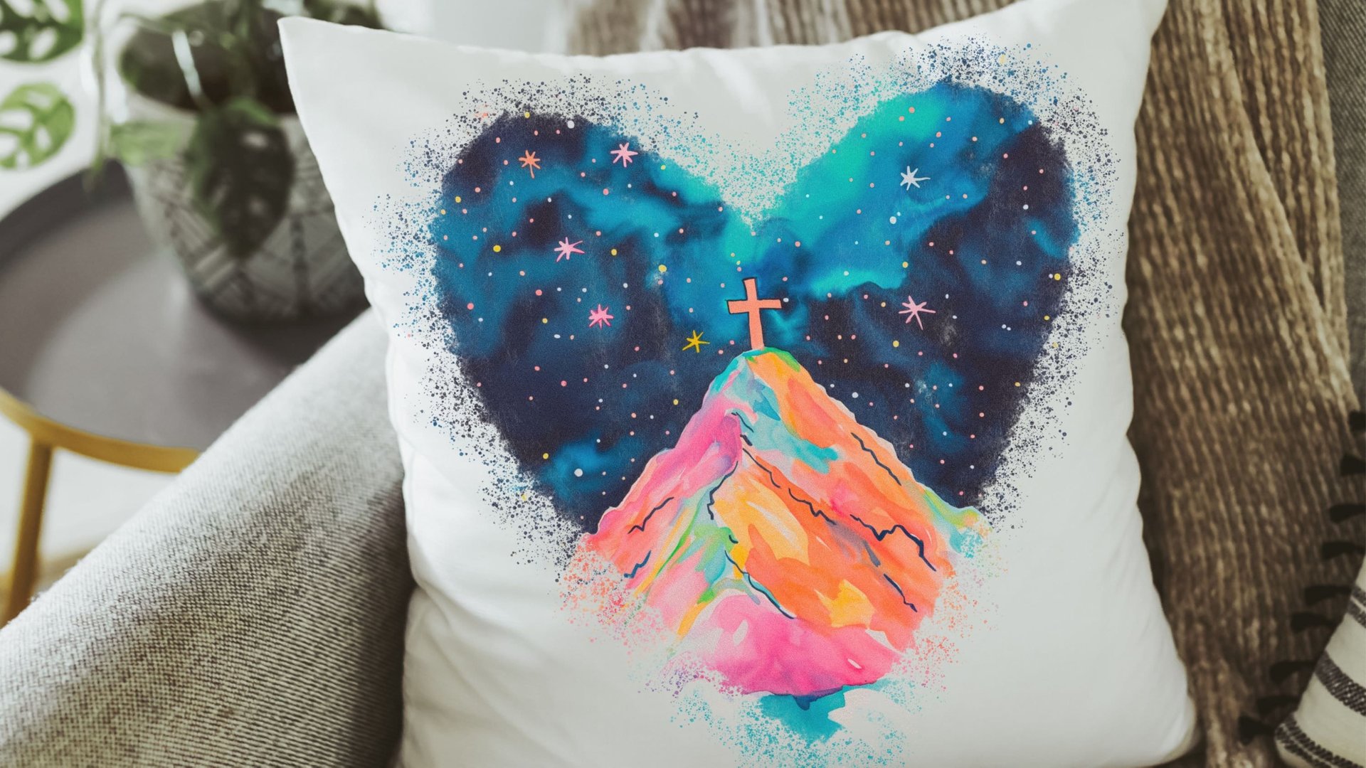 watercolor cross Christian throw pillows for bed, cross on the hill Christian kitchen towels for gifts, faith decor, spiritual gifts for her