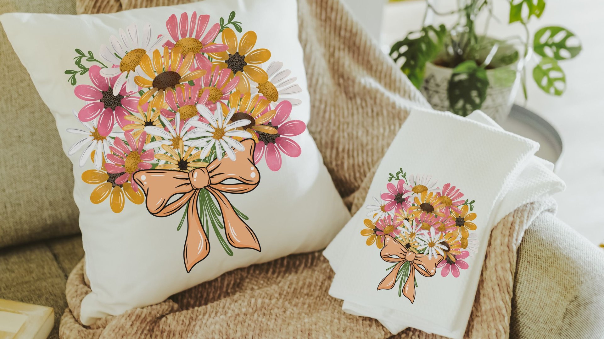 floral bouquet white daisy kitchen towels for Mom, yellow daisy kitchen decor, gardener gifts for women, pink daisy hand towels for bathroom