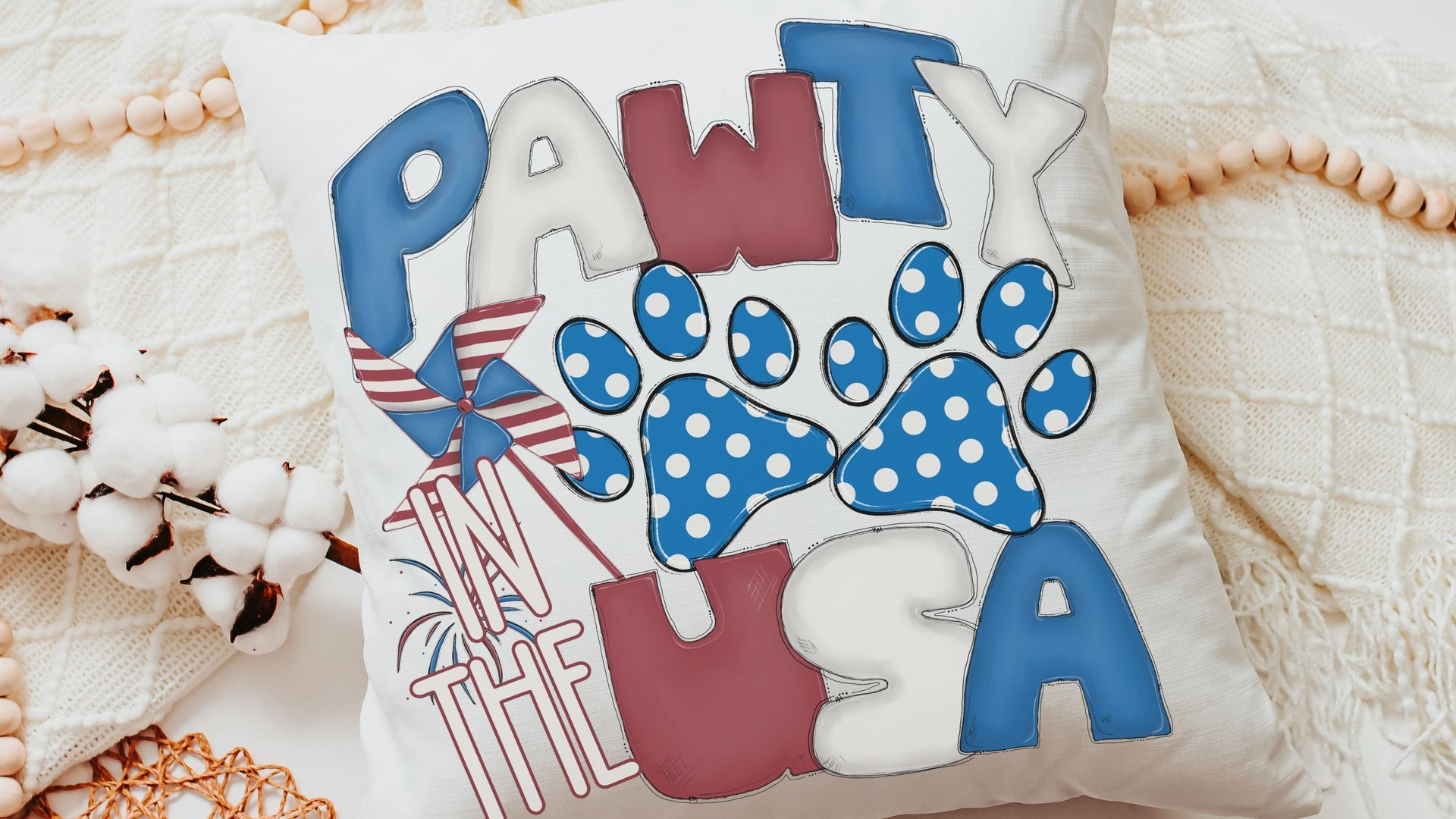 paw print party in the USA throw pillows for couch, dog mom gift, red white and blue 4th of July decor front porch pillows, patriotic gifts
