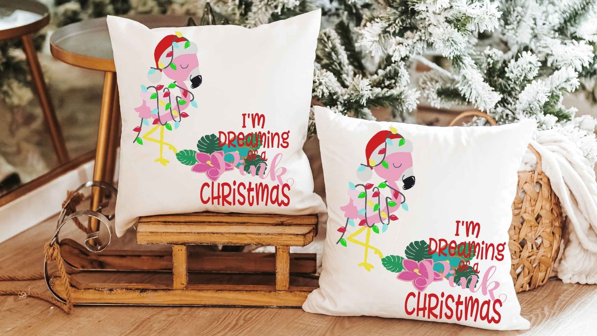 I'm dreaming of a pink Christmas throw pillows for couch, flamingo Christmas kitchen towels, cute Christmas gifts for beach lovers, coastal
