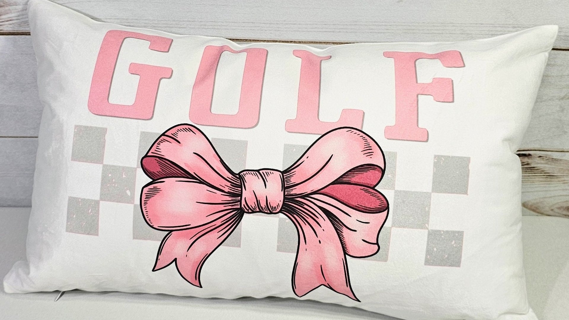 pink bow golf lumbar pillow for bed, golf mom era coquette room decor pillow, lady golfer throw pillow for couch, cute golf gifts for women