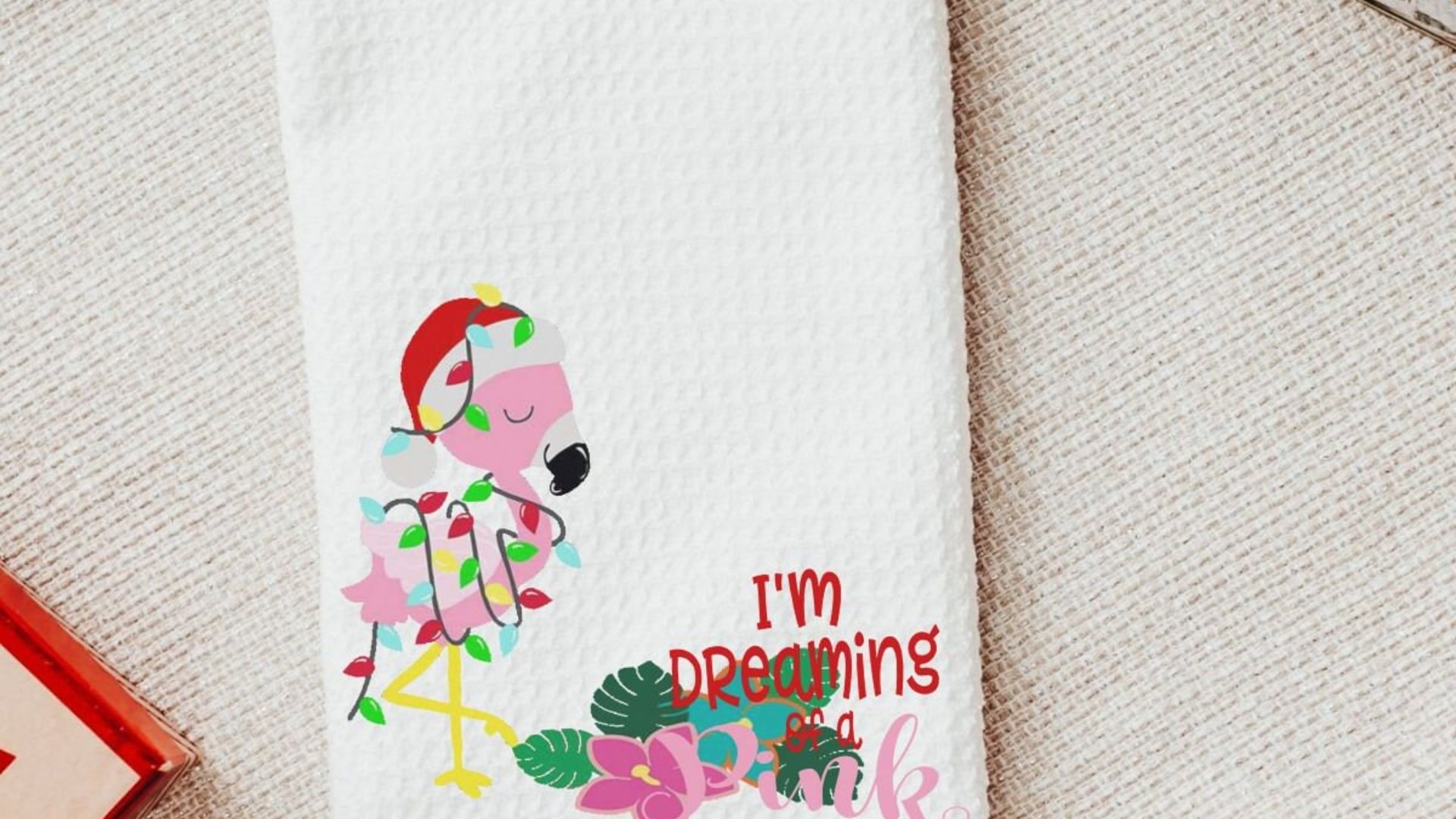 I'm dreaming of a pink Christmas throw pillows for couch, flamingo Christmas kitchen towels, cute Christmas gifts for beach lovers, coastal