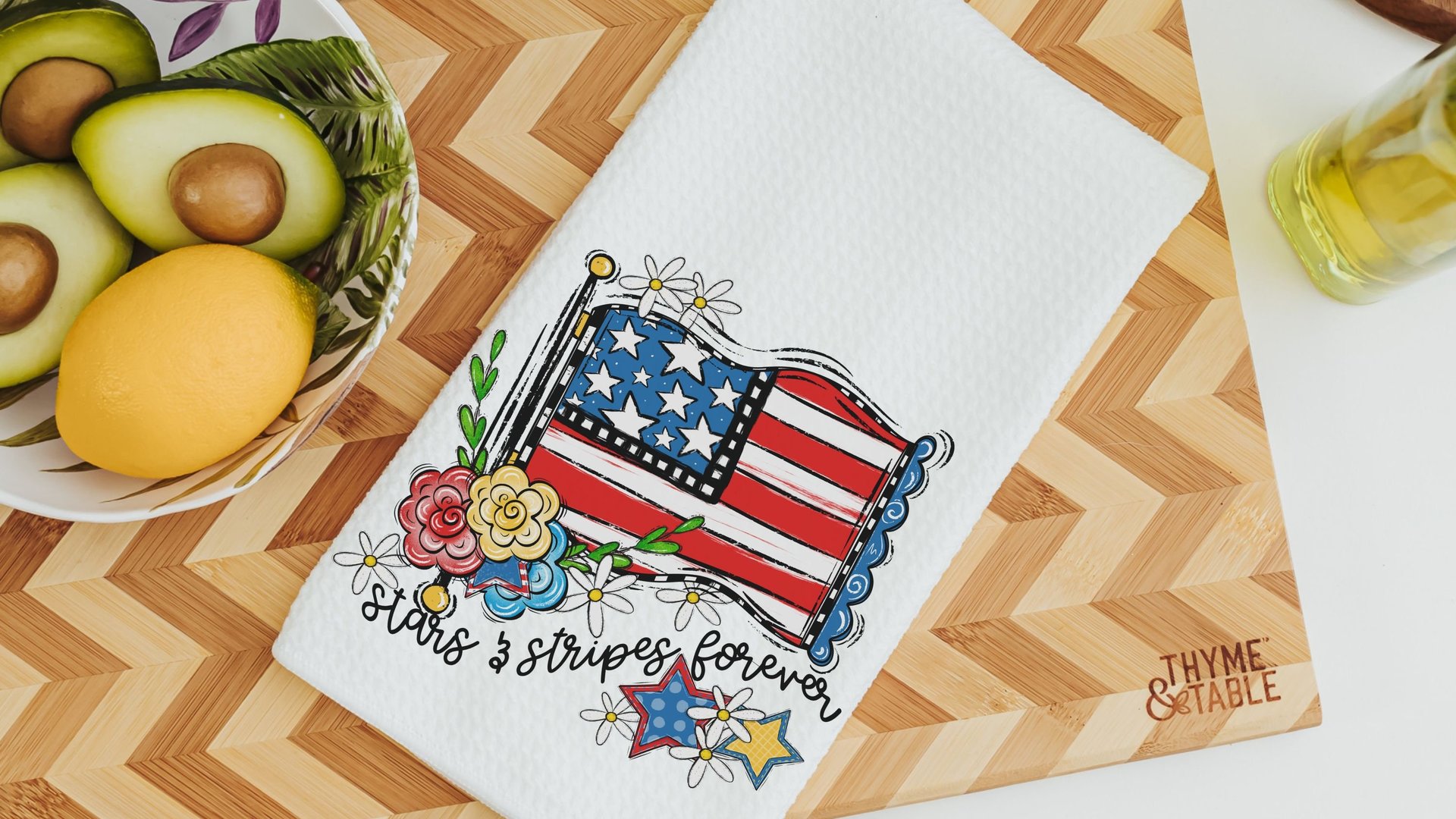 stars and stripes forever 4th of July kitchen towels for cooks, patriotic kitchen decor, floral American flag kitchen hand towels for powder