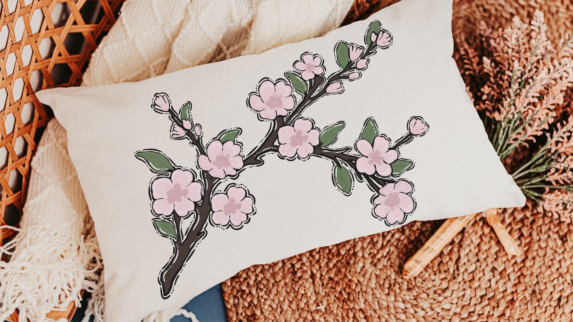 cherry blossom pillow cover 12 x 20, Japanese aesthetic throw pillow for couch, college dorm gifts for girls, guest bedroom decor, plant mom